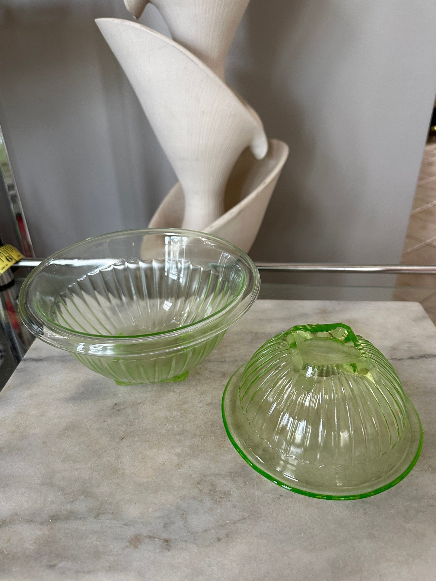 Vintage Set of 2 Green Depression Uranium Glass Mixing Bowls | Vaseline diamond crystal shaker salt bowl - green glowing Uranium Glass