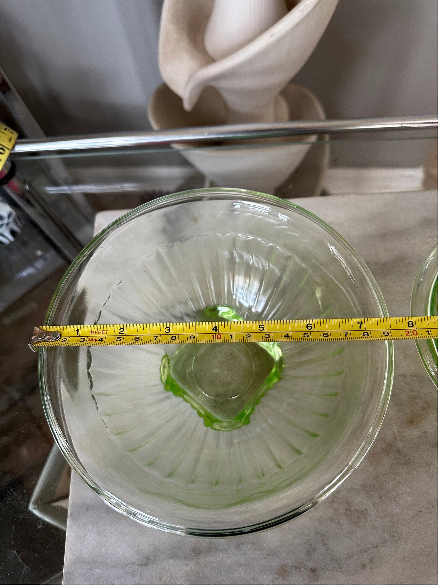 Vintage Set of 2 Green Depression Uranium Glass Mixing Bowls | Vaseline diamond crystal shaker salt bowl - green glowing Uranium Glass
