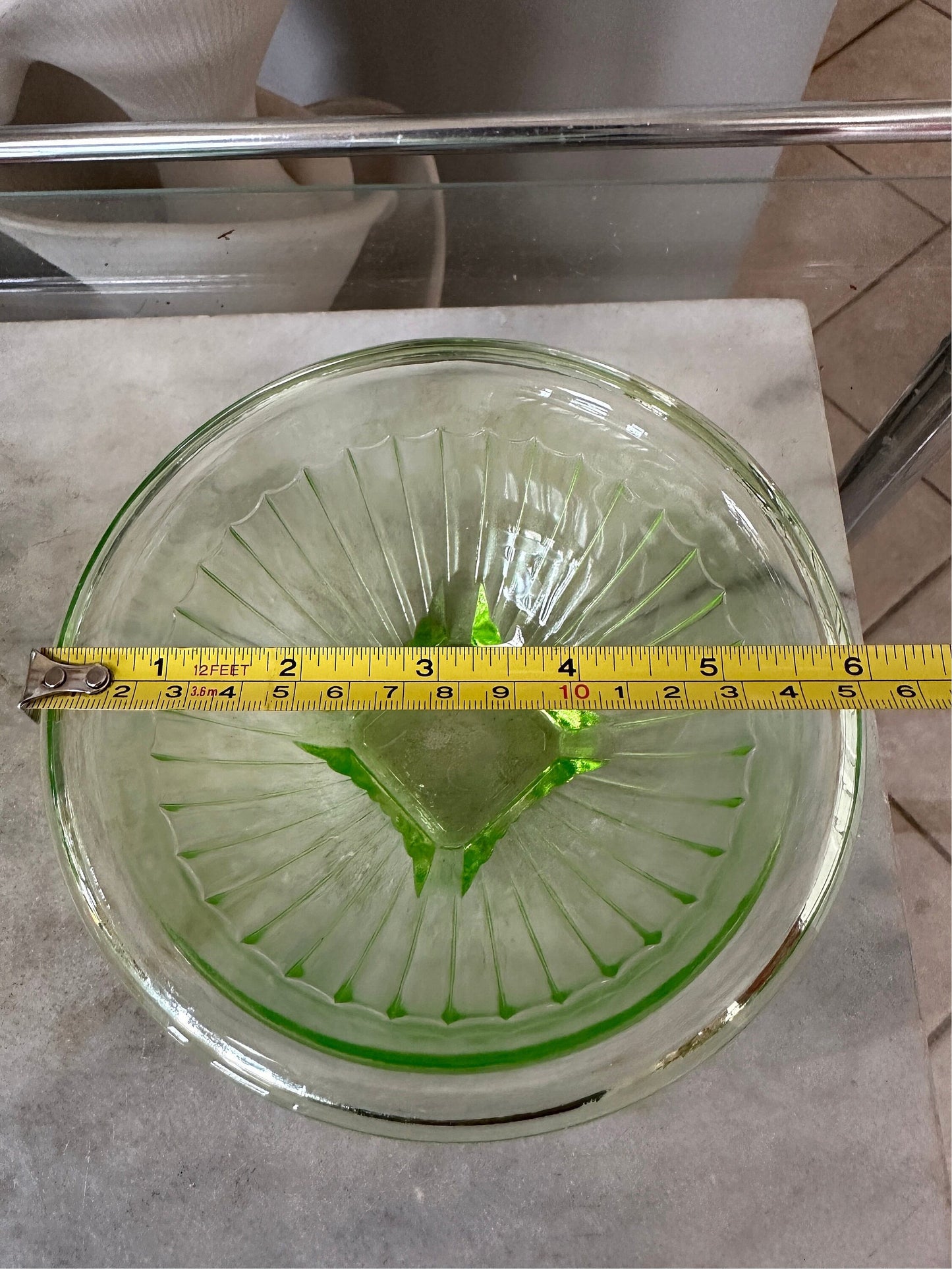 Vintage Set of 2 Green Depression Uranium Glass Mixing Bowls | Vaseline diamond crystal shaker salt bowl - green glowing Uranium Glass