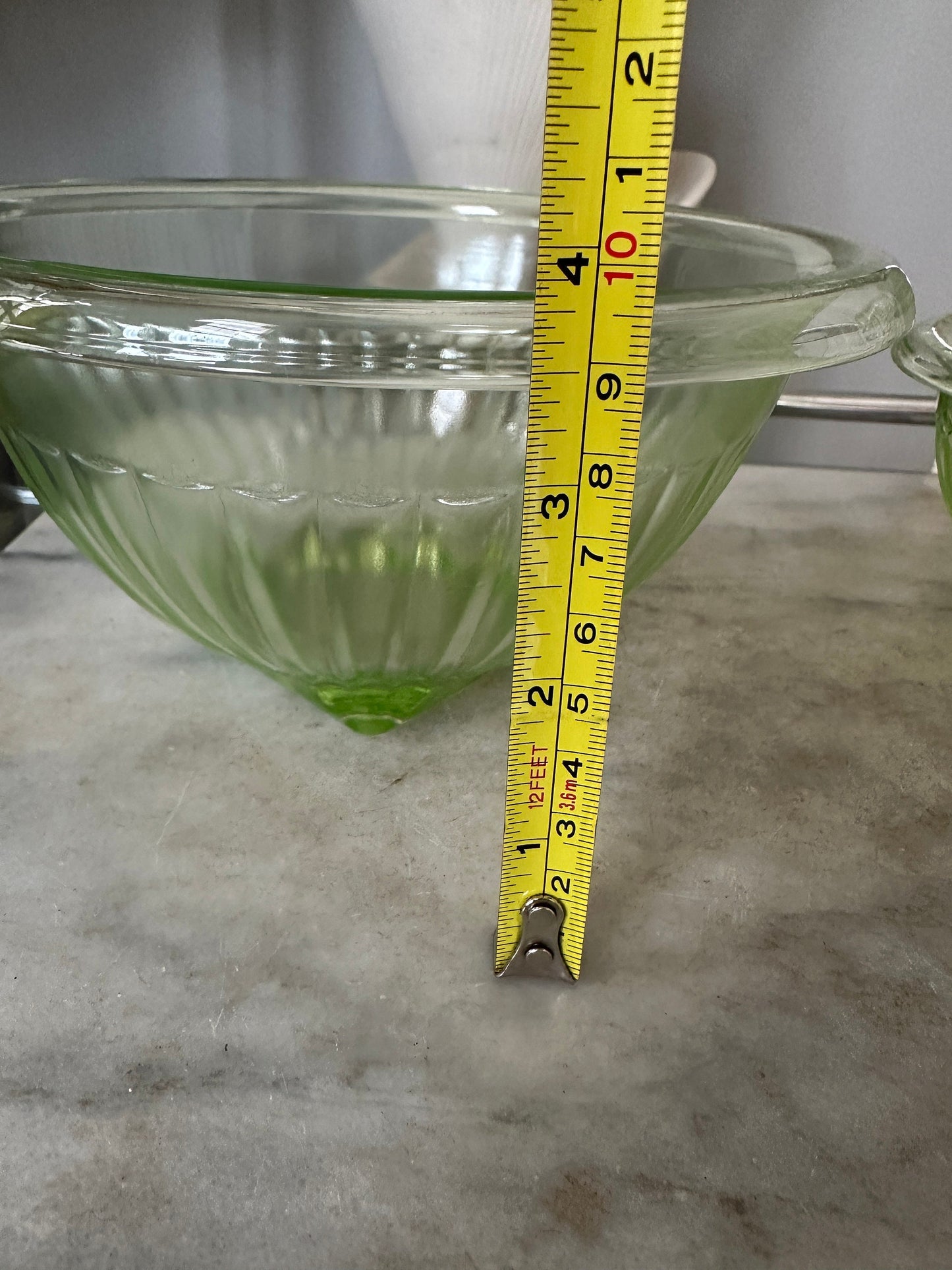 Vintage Set of 2 Green Depression Uranium Glass Mixing Bowls | Vaseline diamond crystal shaker salt bowl - green glowing Uranium Glass