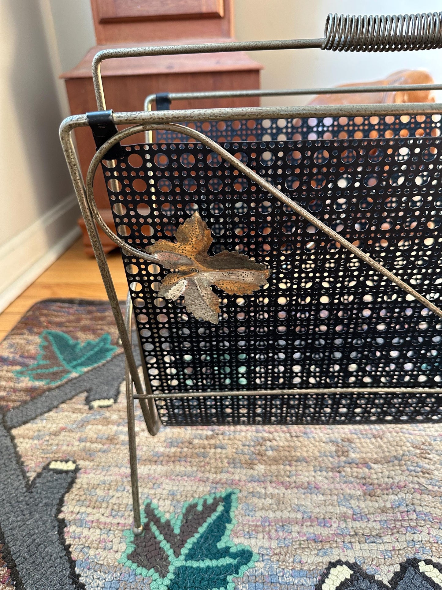 Vintage 1960s Black Mesh & Gold Leaf Handled Magazine Rack