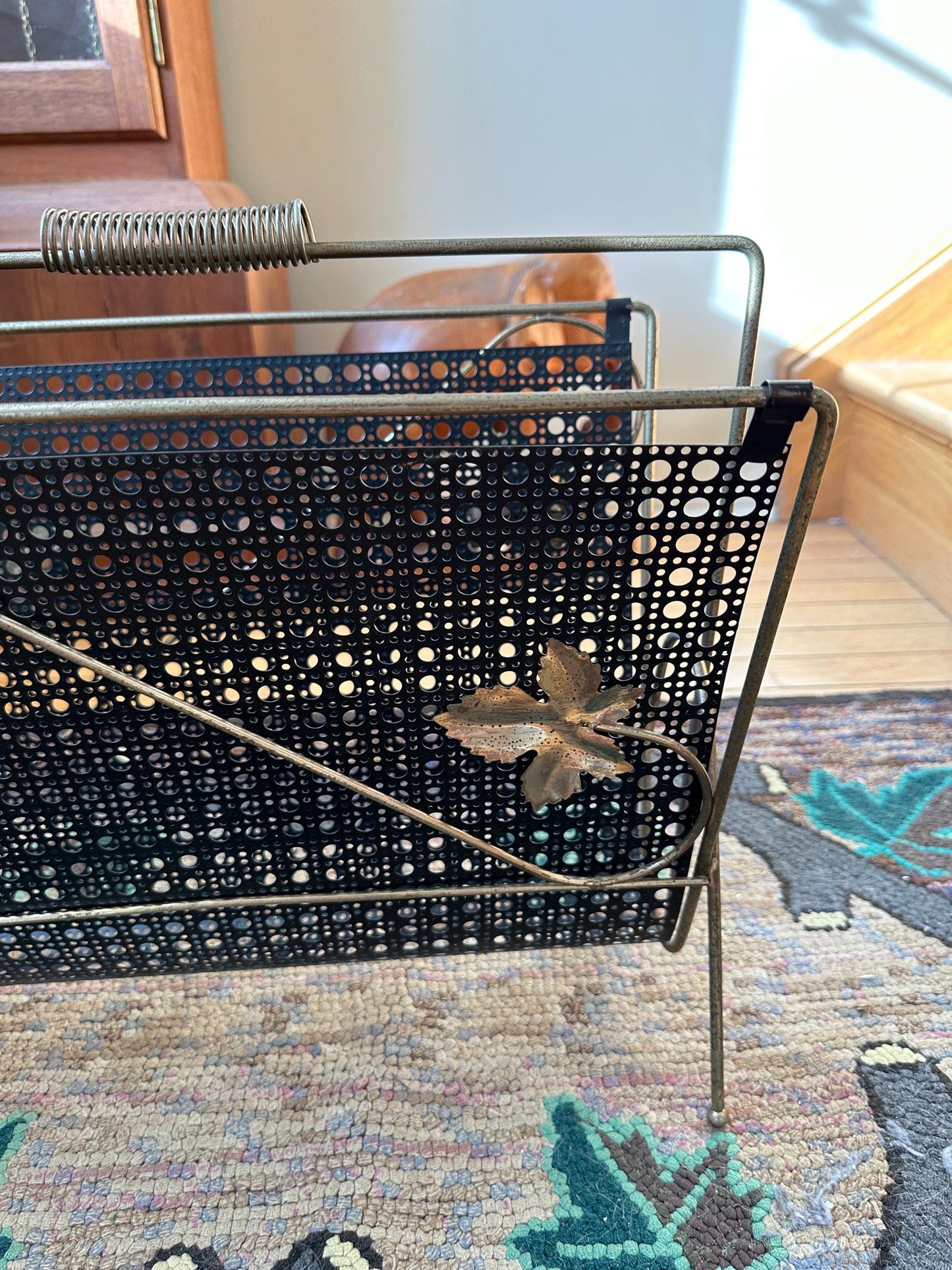 Vintage 1960s Black Mesh & Gold Leaf Handled Magazine Rack