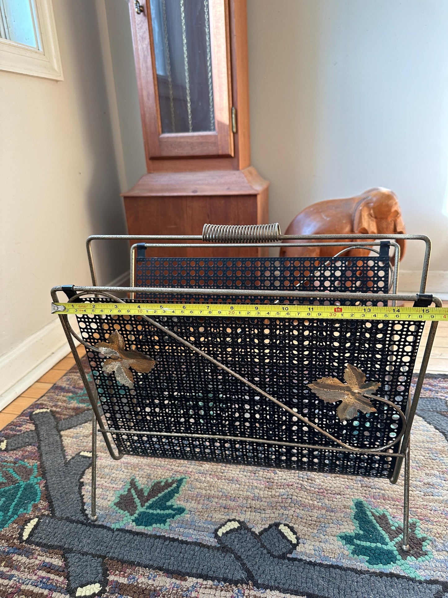 Vintage 1960s Black Mesh & Gold Leaf Handled Magazine Rack
