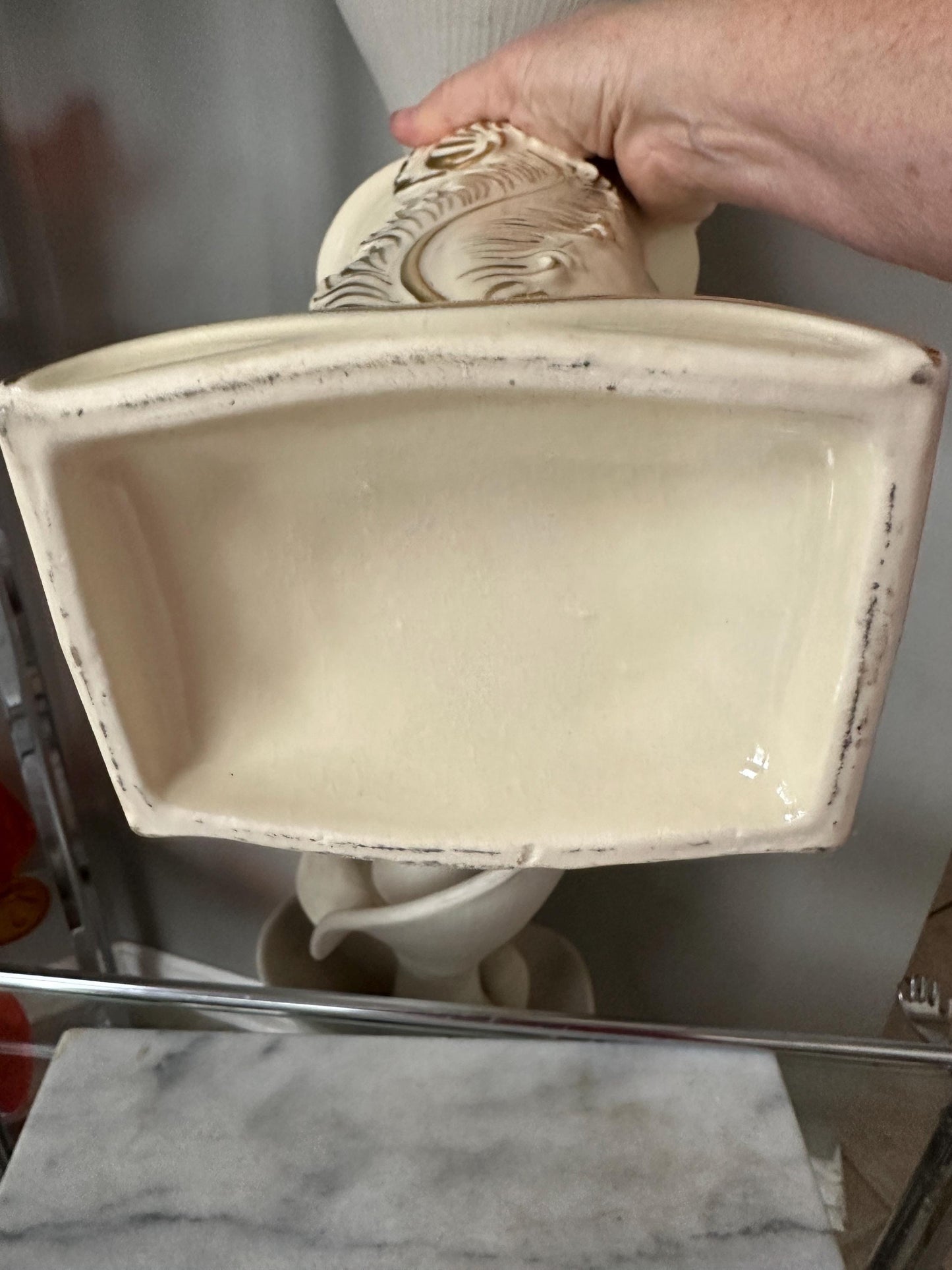 Vintage Art Deco Chadwick Pottery Vase 1940s Gold And Ivory Feather Plume 9”