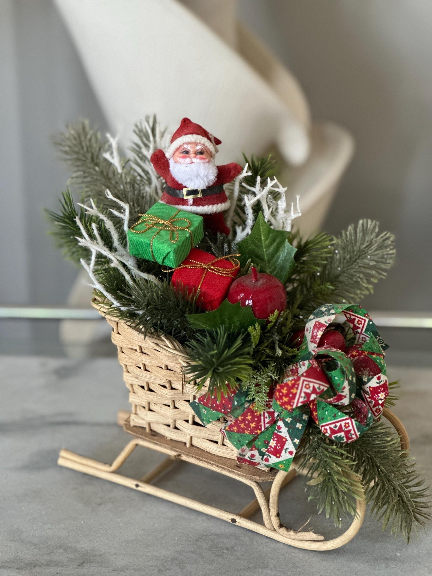 Kitschy Flocked in Rattan Sleigh, Vintage Holiday Arrangement