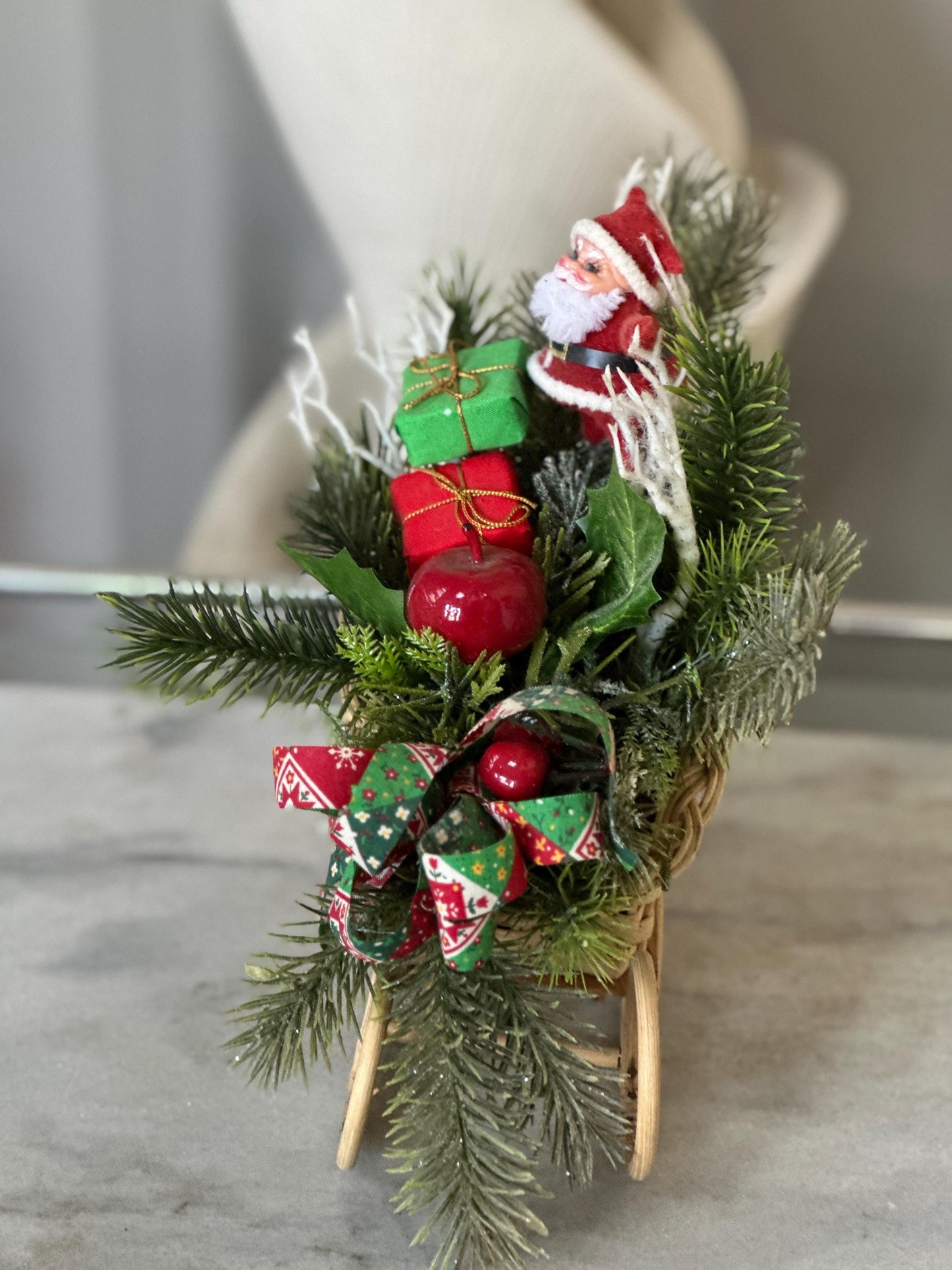 Kitschy Flocked in Rattan Sleigh, Vintage Holiday Arrangement