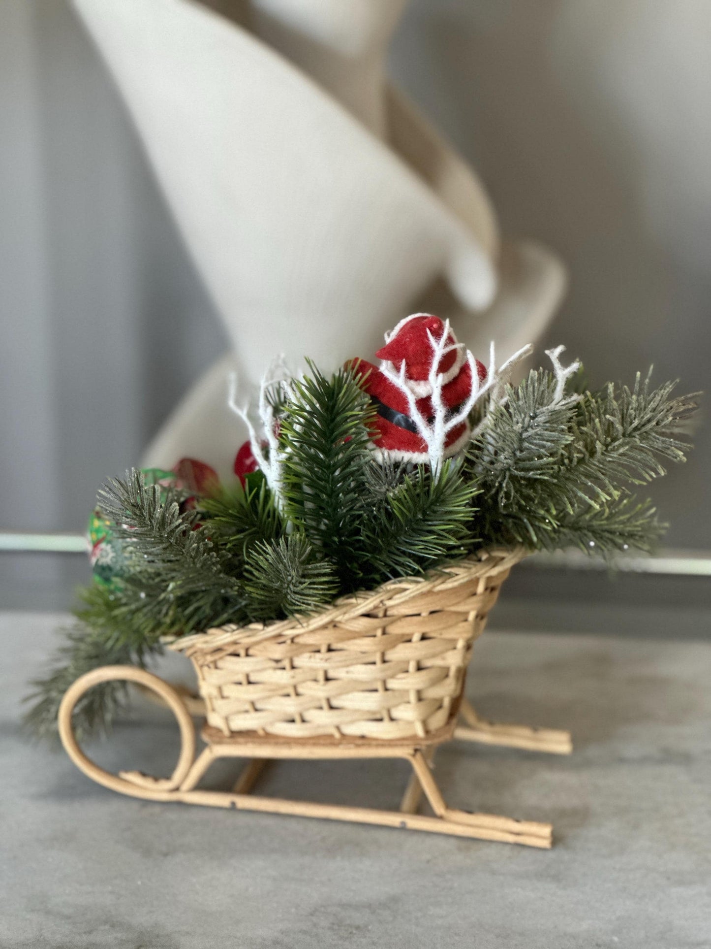 Kitschy Flocked in Rattan Sleigh, Vintage Holiday Arrangement