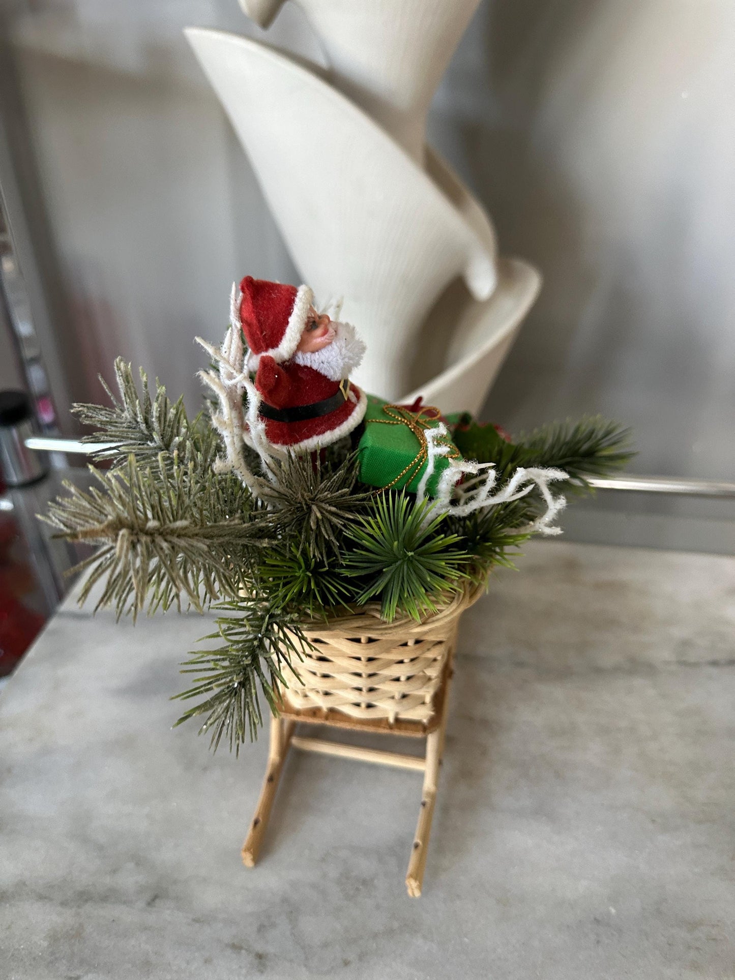 Kitschy Flocked in Rattan Sleigh, Vintage Holiday Arrangement