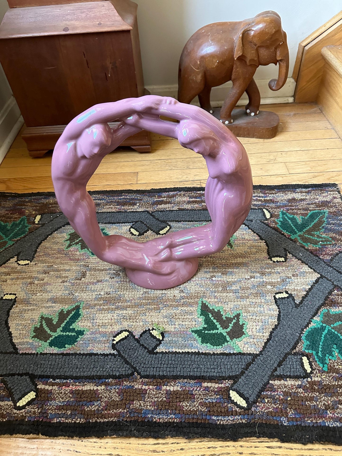 Vintage Haeger Pottery Circle of Love Sculpture: Mauve Pink Art Deco Ceramic
