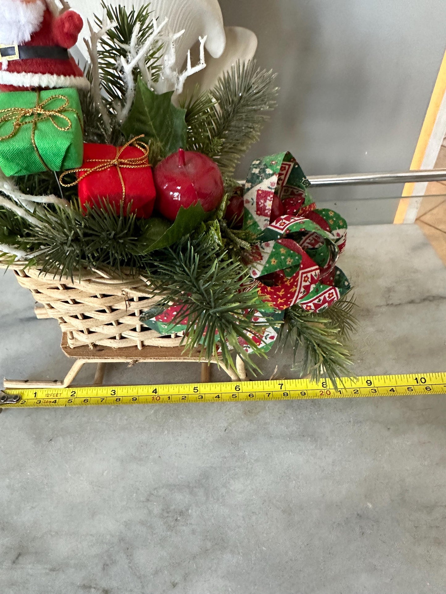 Kitschy Flocked in Rattan Sleigh, Vintage Holiday Arrangement