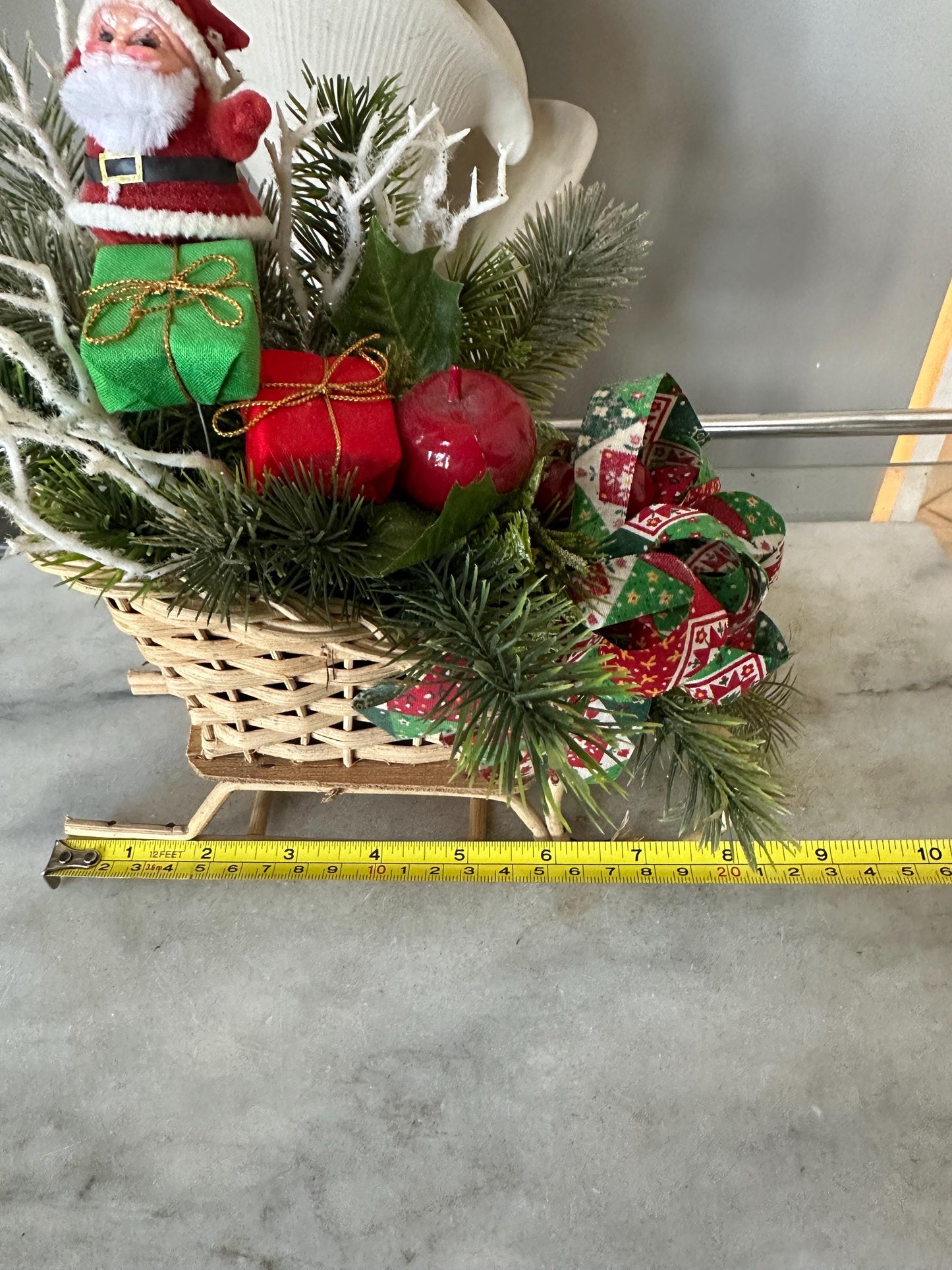 Kitschy Flocked in Rattan Sleigh, Vintage Holiday Arrangement