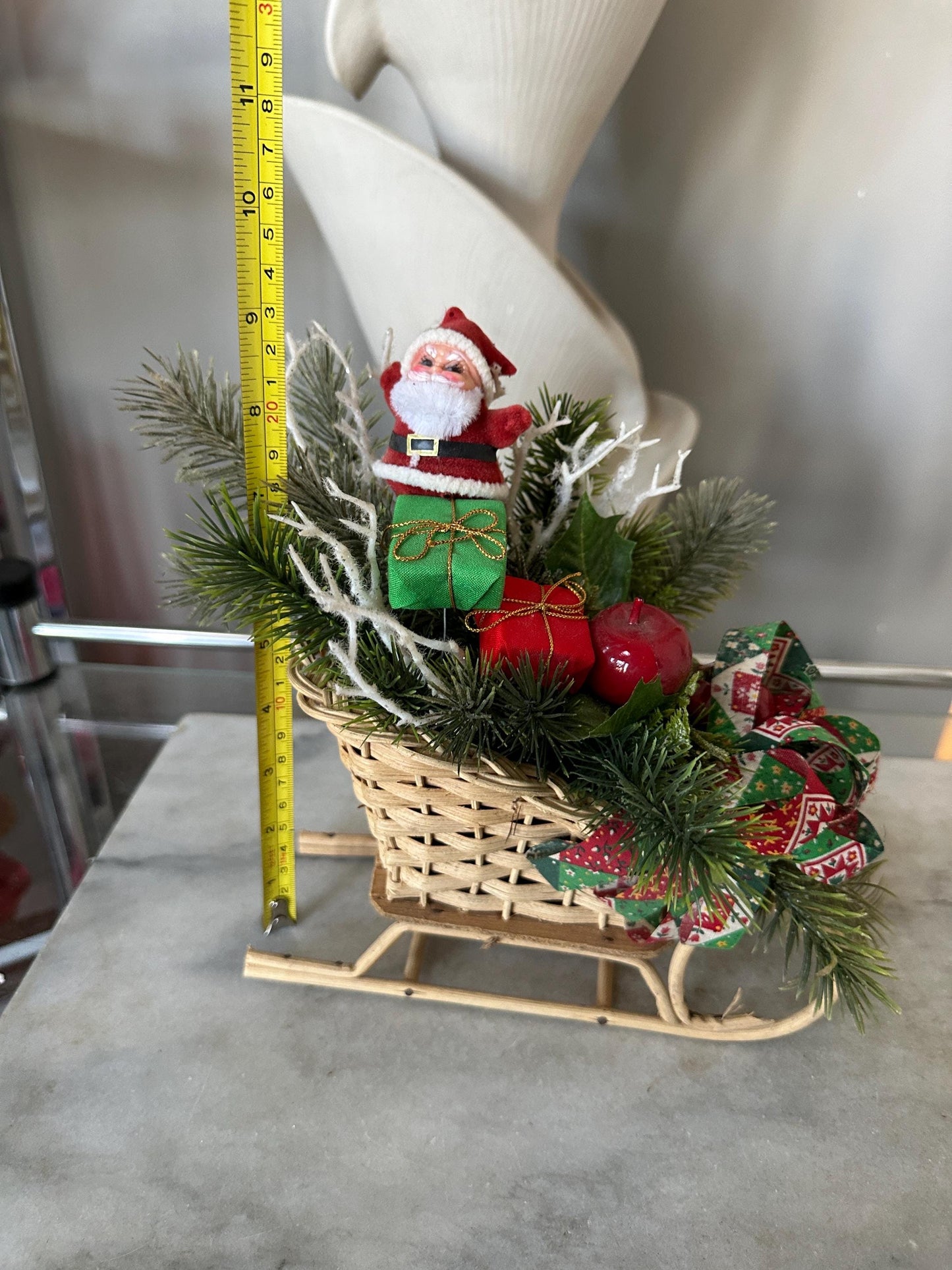 Kitschy Flocked in Rattan Sleigh, Vintage Holiday Arrangement