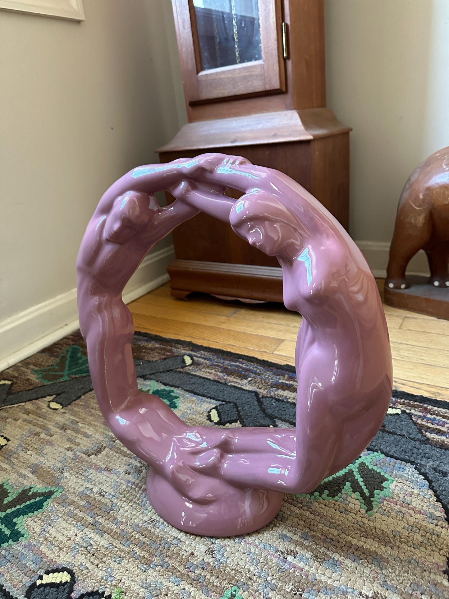 Vintage Haeger Pottery Circle of Love Sculpture: Mauve Pink Art Deco Ceramic