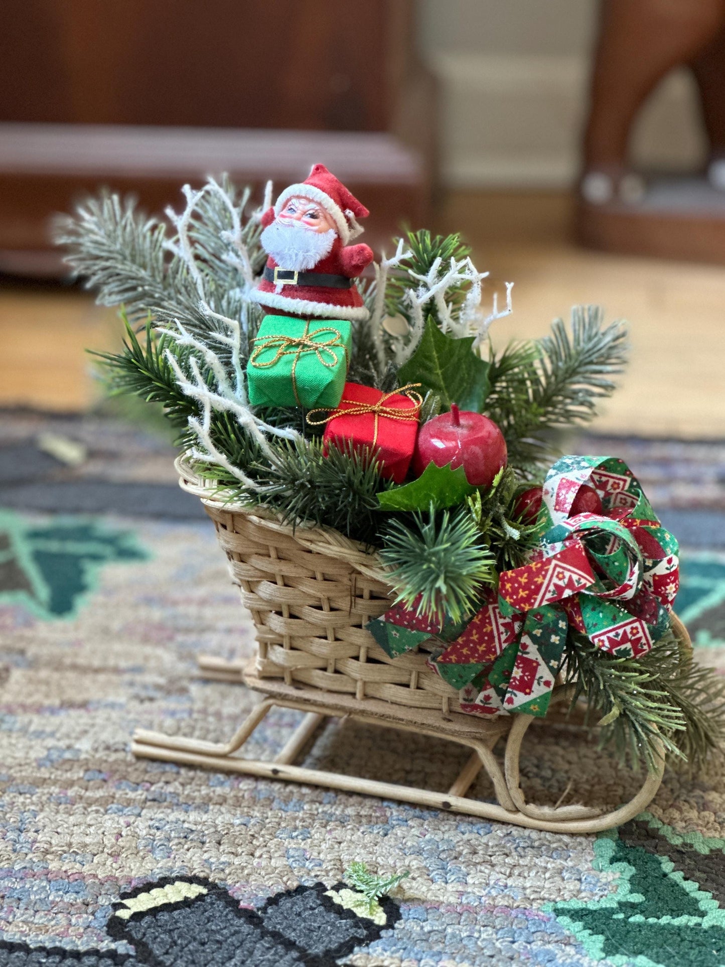 Kitschy Flocked in Rattan Sleigh, Vintage Holiday Arrangement
