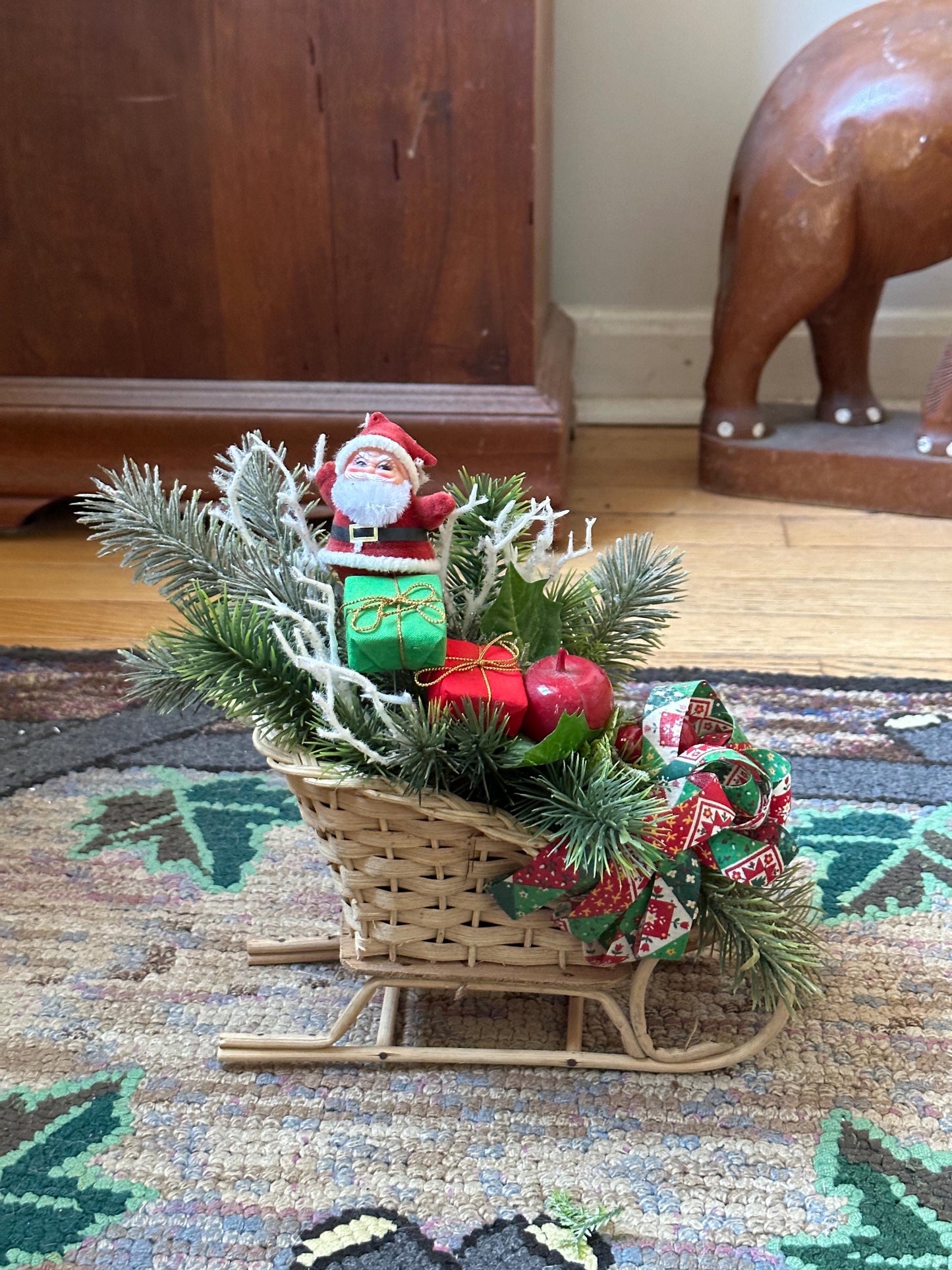 Kitschy Flocked in Rattan Sleigh, Vintage Holiday Arrangement