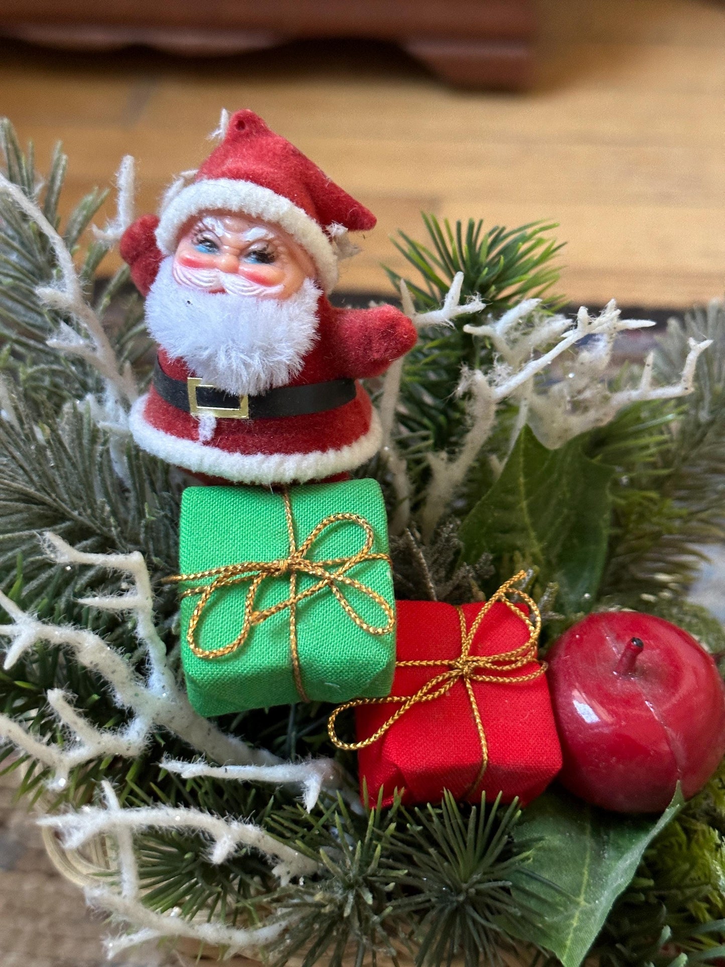 Kitschy Flocked in Rattan Sleigh, Vintage Holiday Arrangement