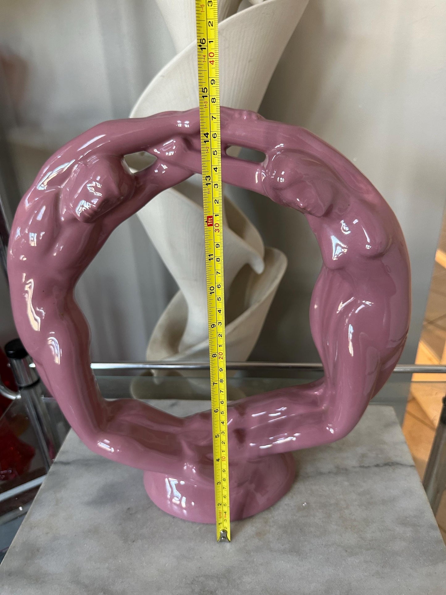 Vintage Haeger Pottery Circle of Love Sculpture: Mauve Pink Art Deco Ceramic