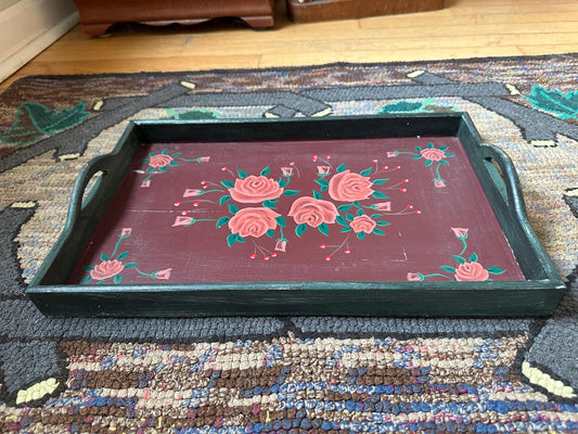 Vintage Hand Painted Wooden Folk Art Handled Tray | Toleware Blue Tray with Pink Roses