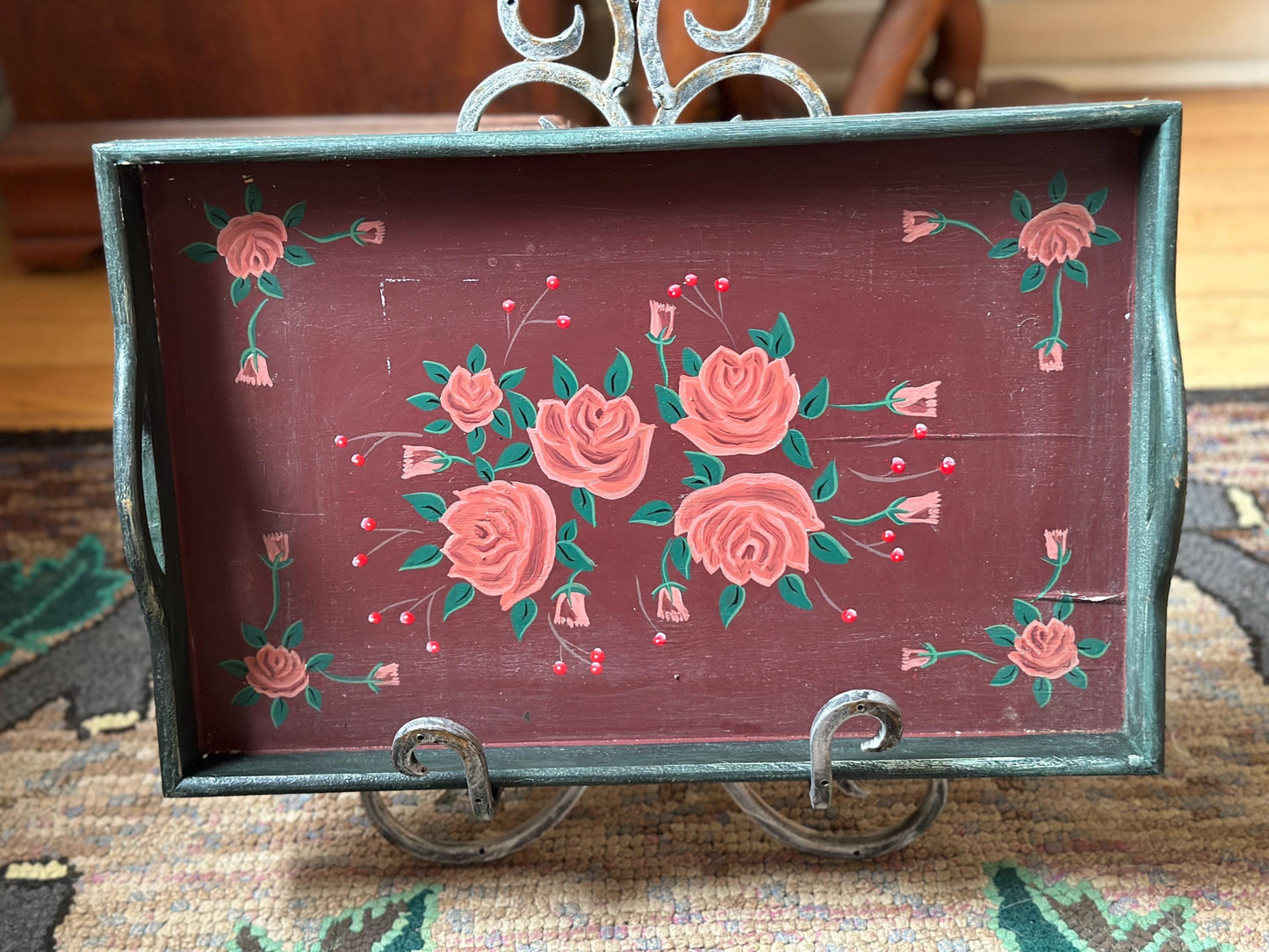 Vintage Hand Painted Wooden Folk Art Handled Tray | Toleware Blue Tray with Pink Roses
