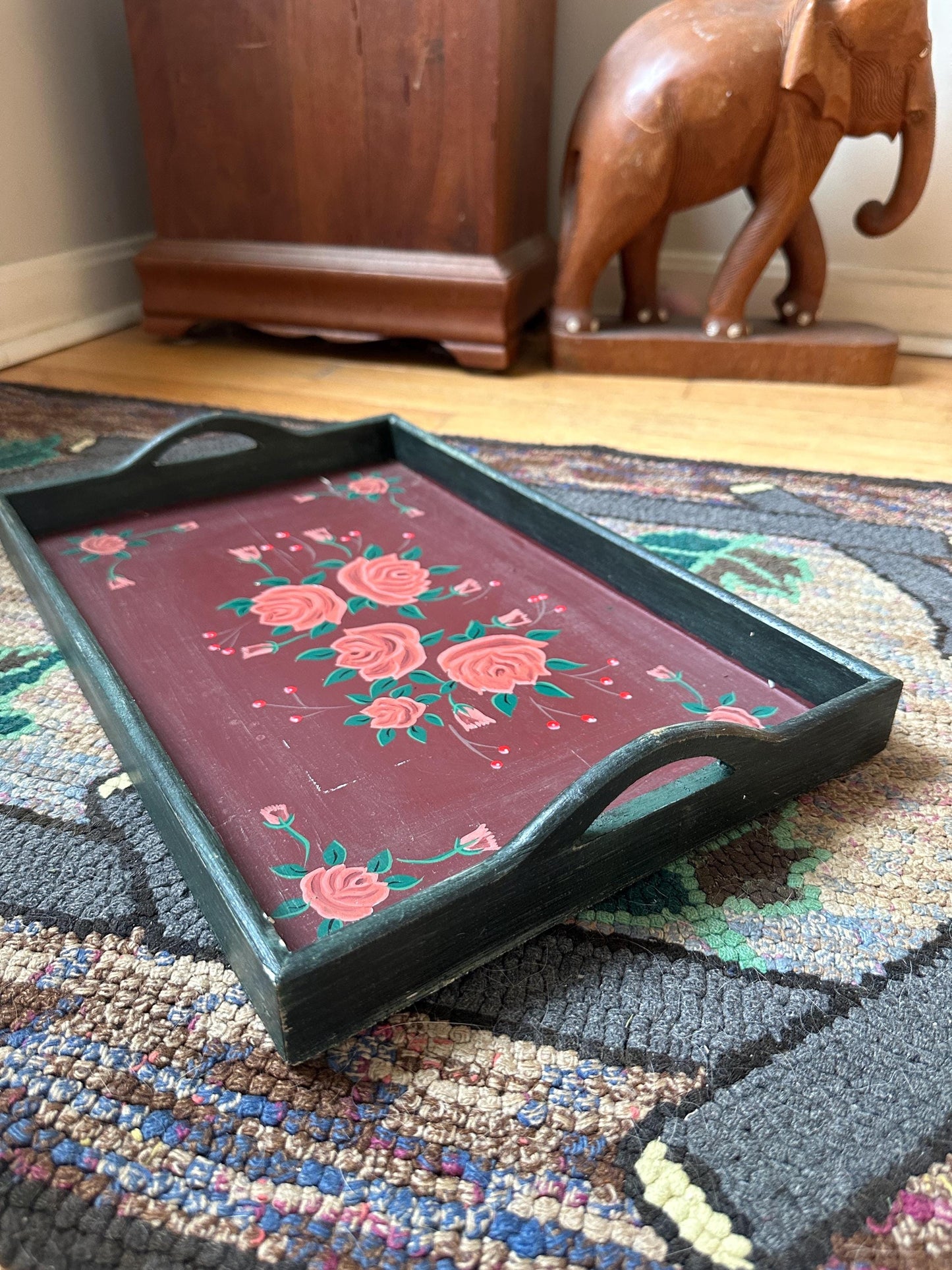 Vintage Hand Painted Wooden Folk Art Handled Tray | Toleware Blue Tray with Pink Roses