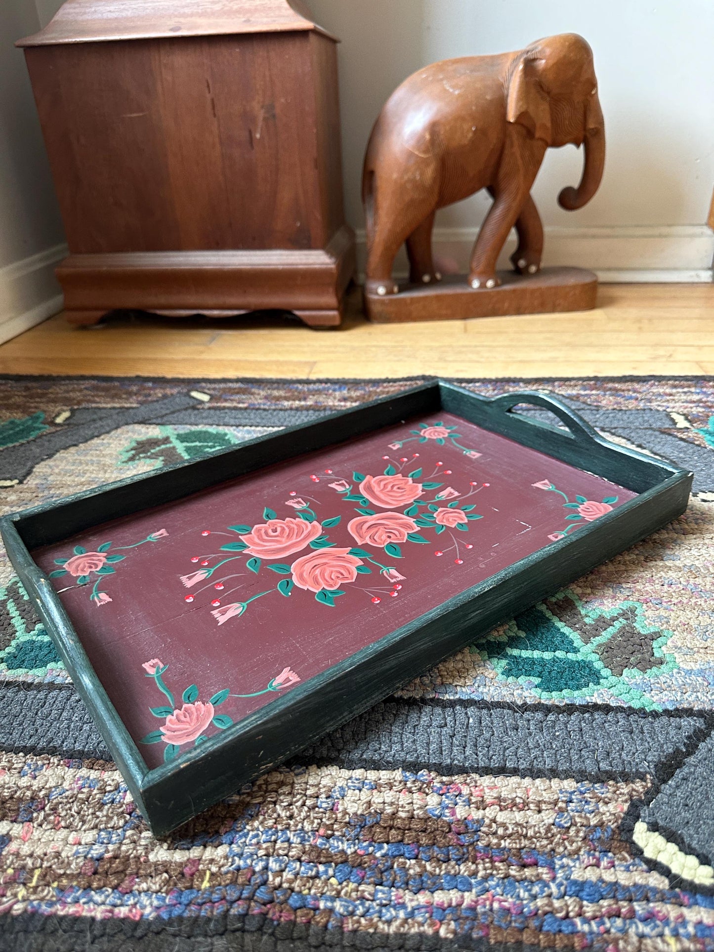 Vintage Hand Painted Wooden Folk Art Handled Tray | Toleware Blue Tray with Pink Roses