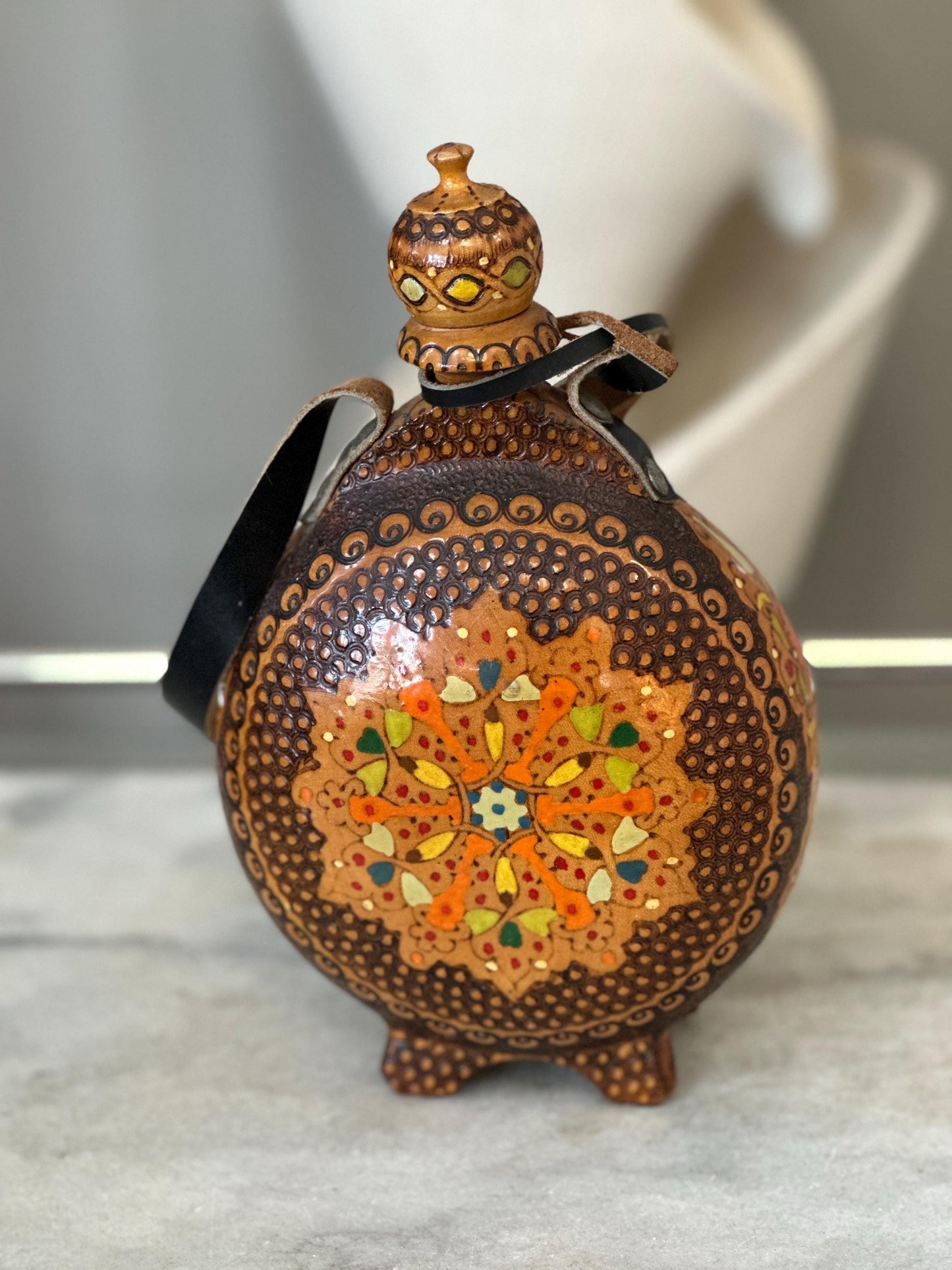 Vintage Handmade Pyrography Wood Flask: Italian Folk Art Decanter