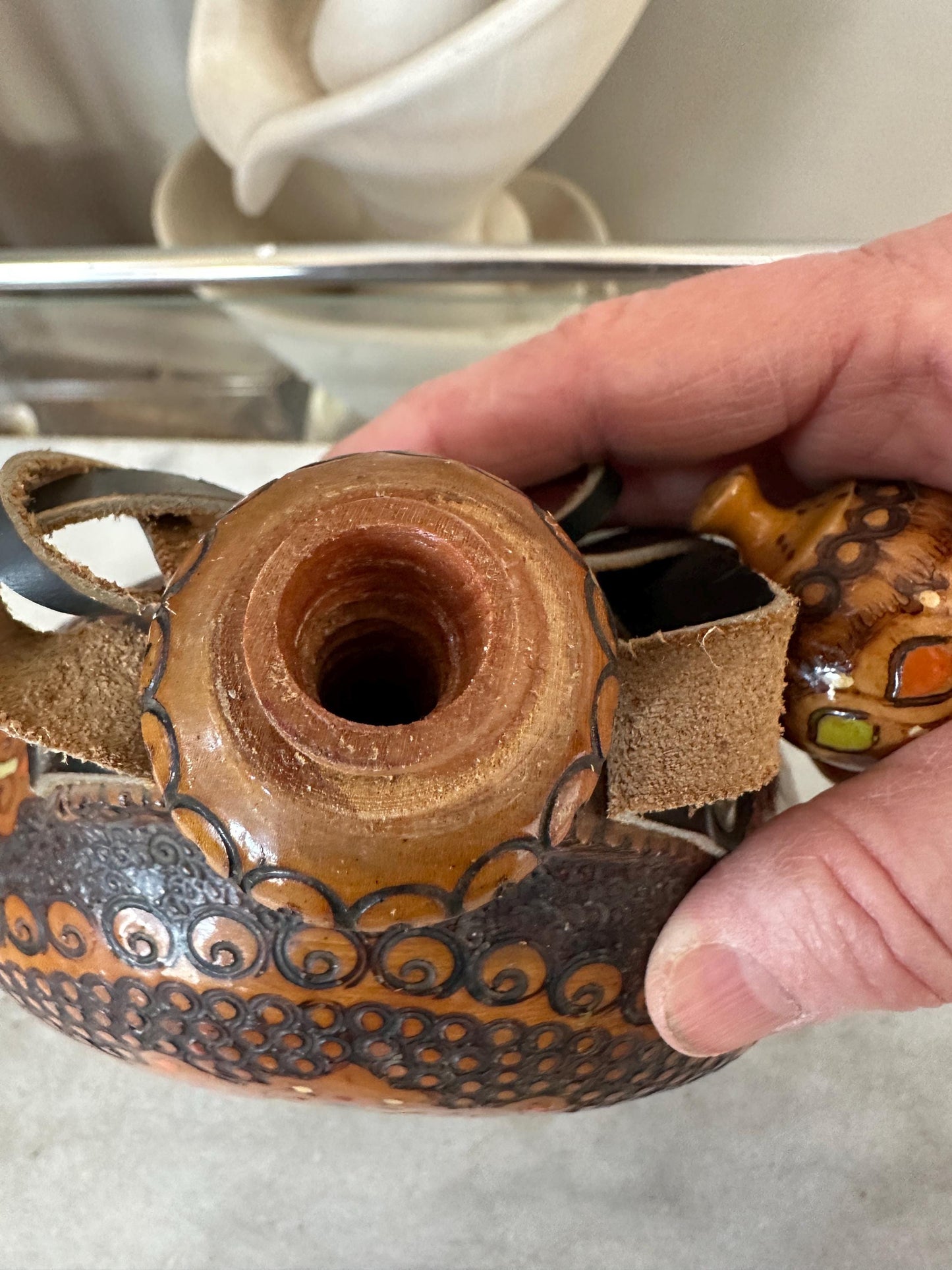 Vintage Handmade Pyrography Wood Flask: Italian Folk Art Decanter