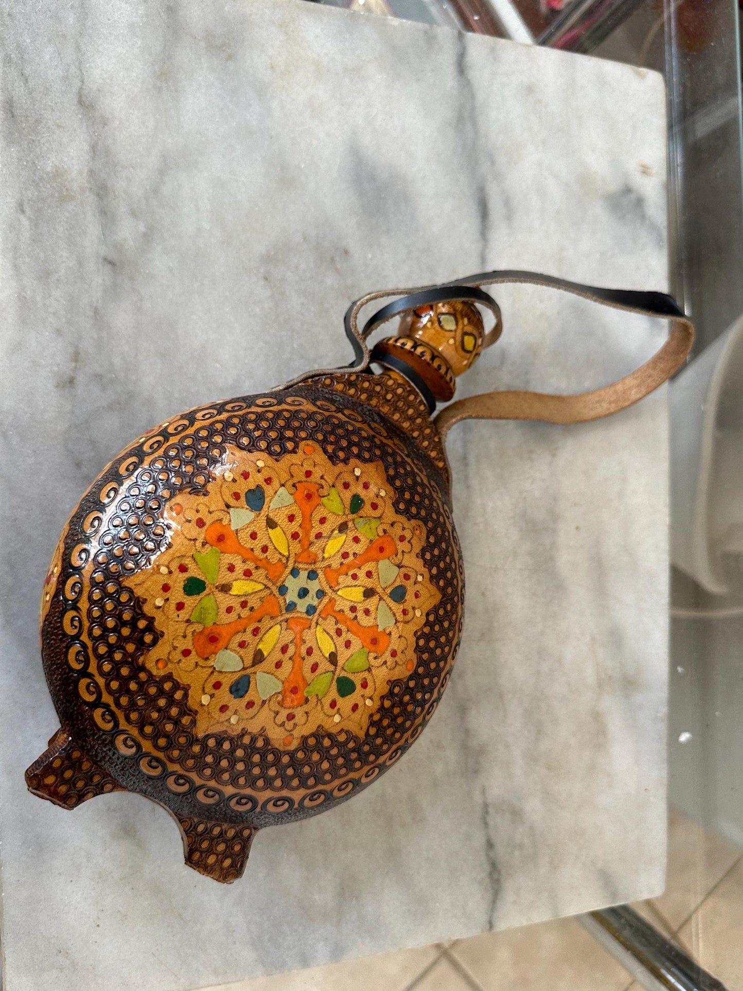 Vintage Handmade Pyrography Wood Flask: Italian Folk Art Decanter