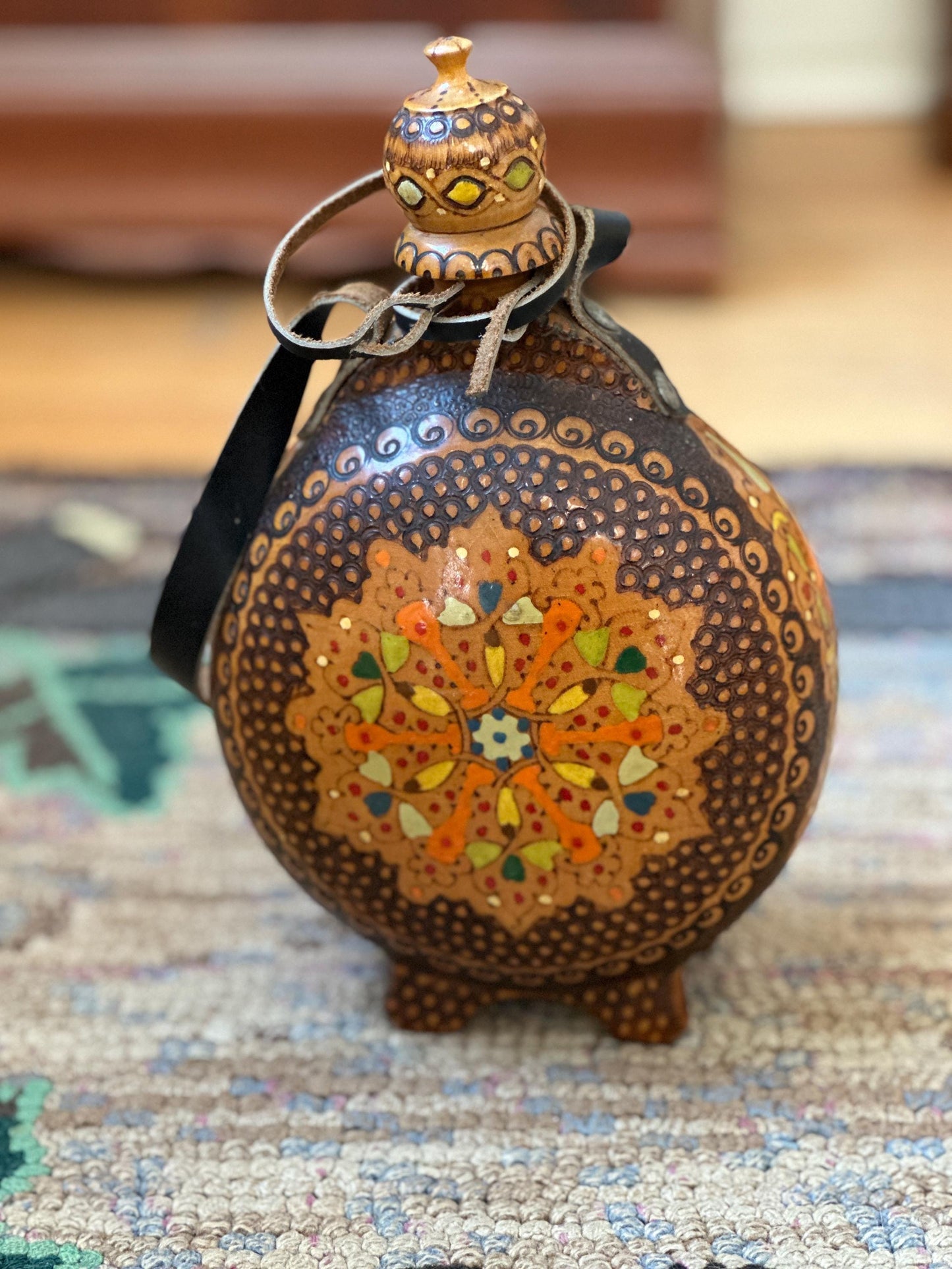 Vintage Handmade Pyrography Wood Flask: Italian Folk Art Decanter