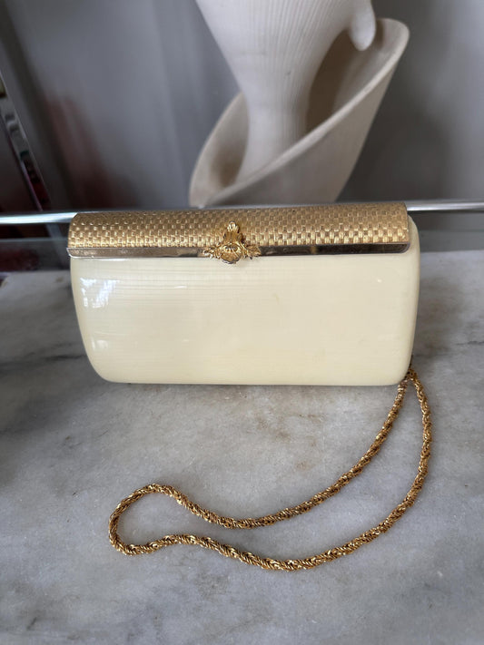 1960s Italian Lucite Purse: Beige Evening Bag with Gold Chain