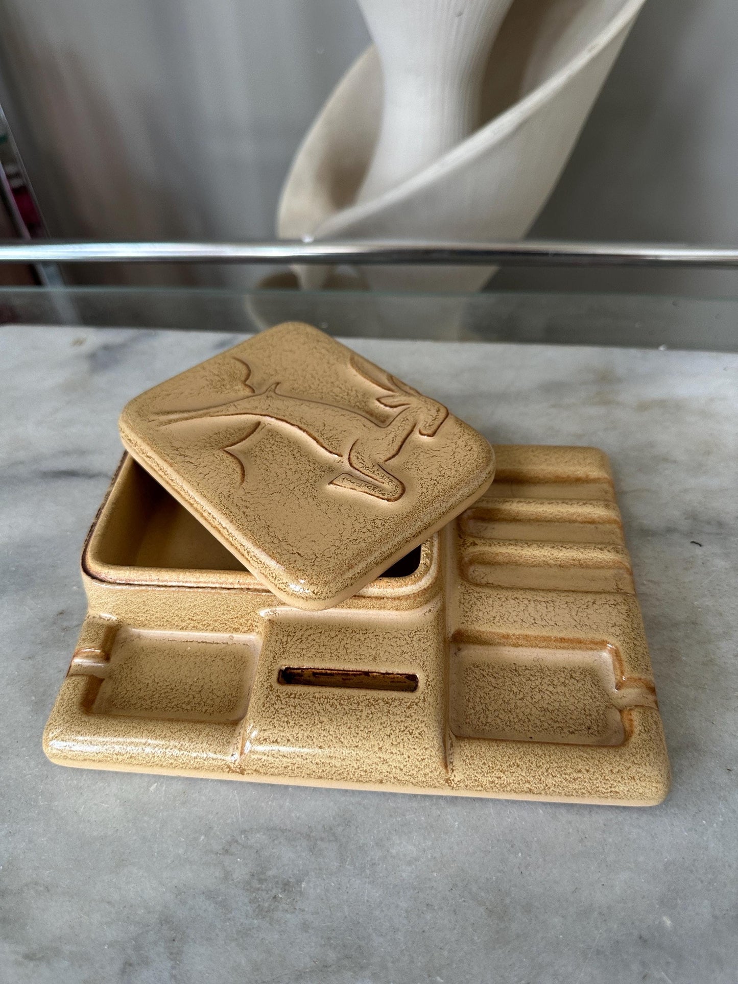 Vintage Art Deco Ceramic Cigarette Ashtray Box Leaping Gazelle
