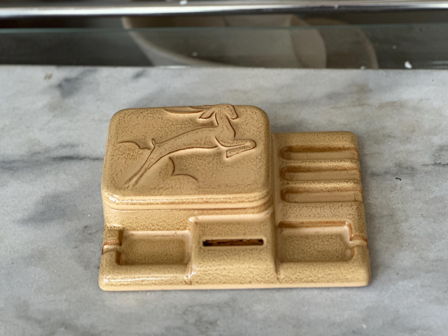 Vintage Art Deco Ceramic Cigarette Ashtray Box Leaping Gazelle