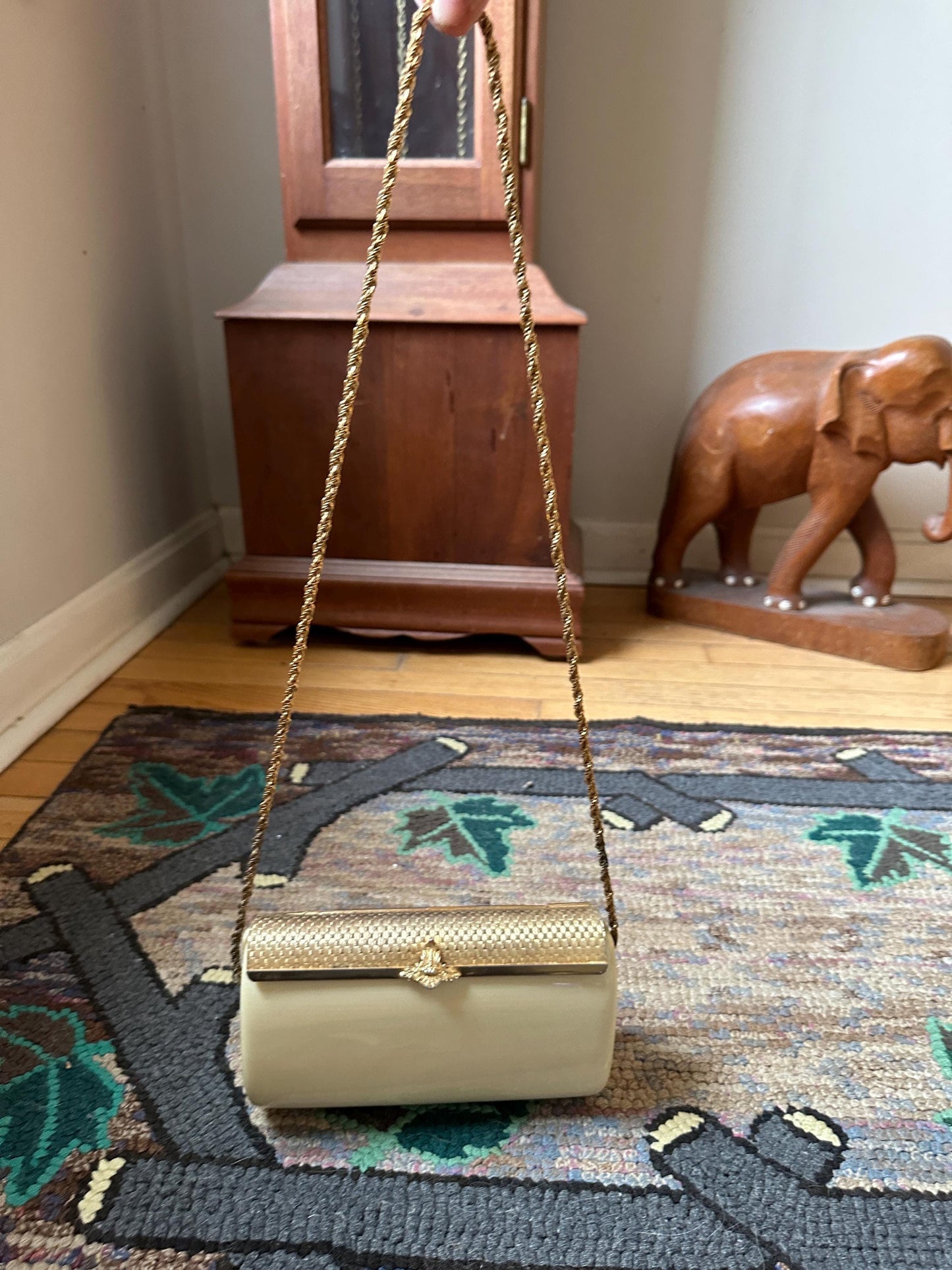 1960s Italian Lucite Purse: Beige Evening Bag with Gold Chain