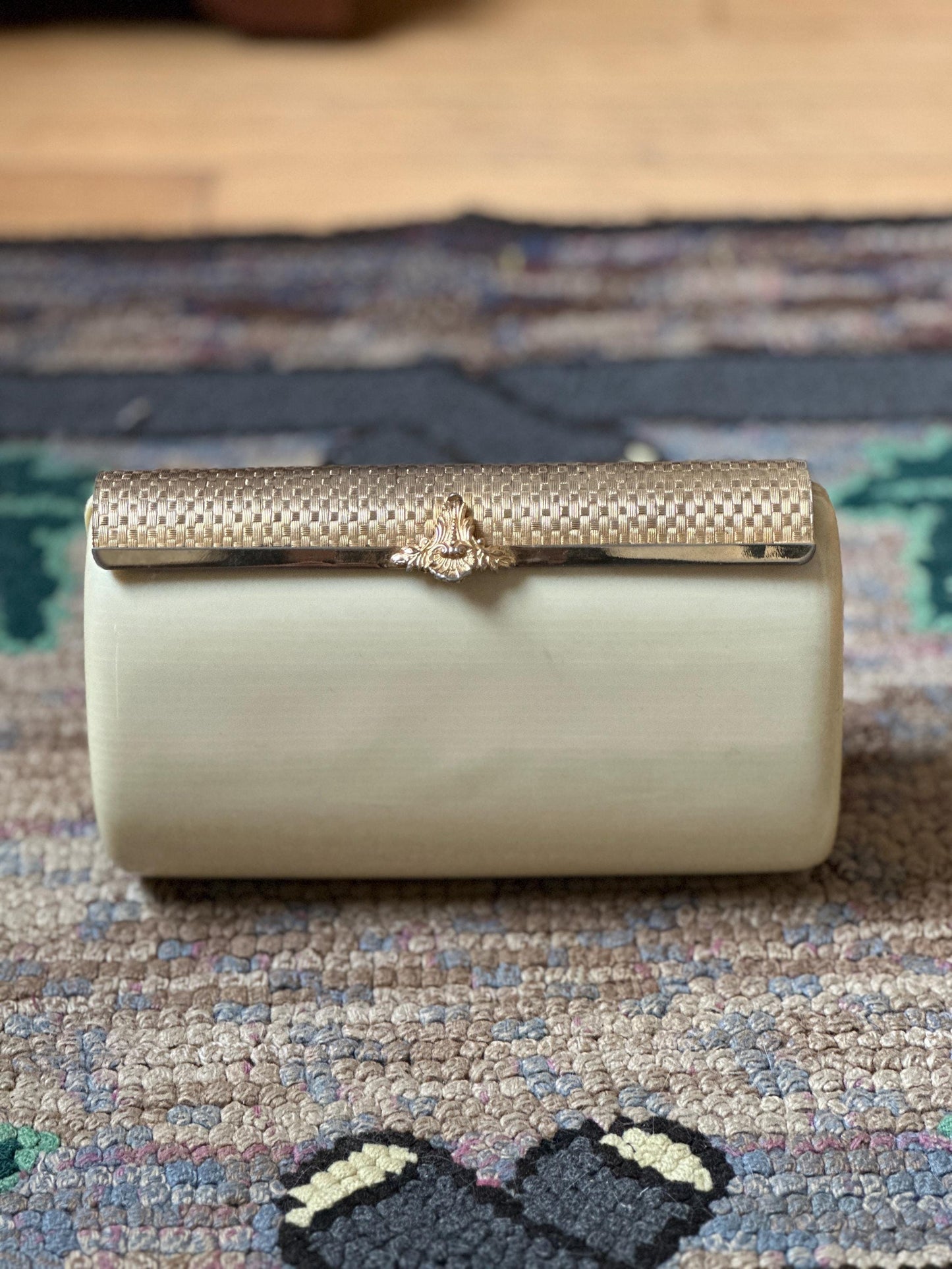 1960s Italian Lucite Purse: Beige Evening Bag with Gold Chain