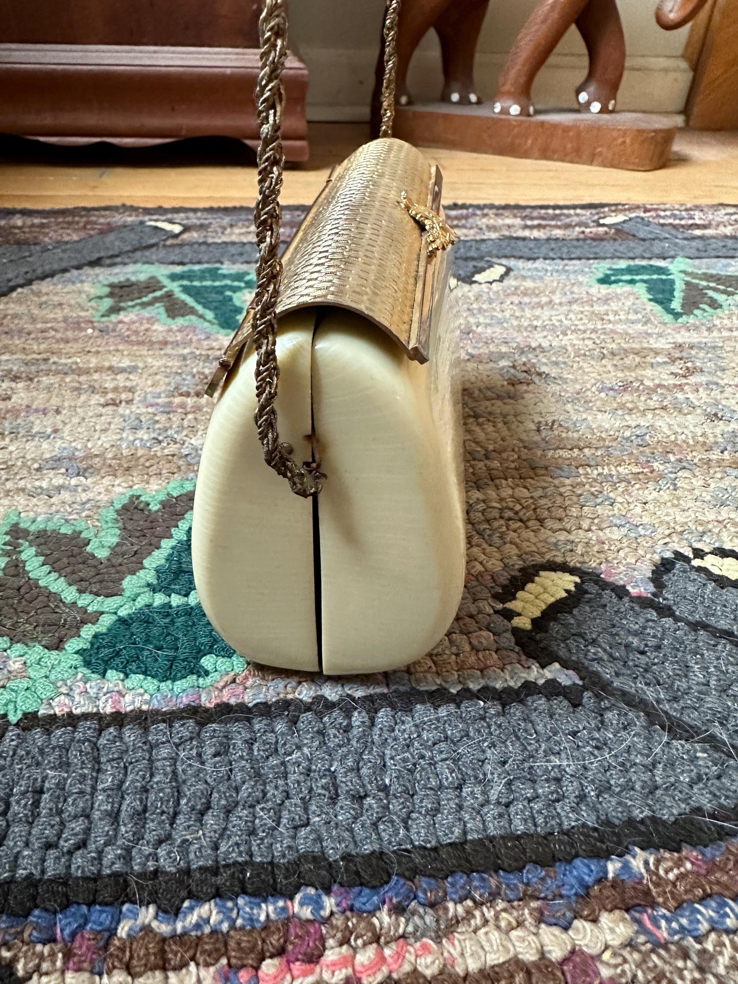 1960s Italian Lucite Purse: Beige Evening Bag with Gold Chain