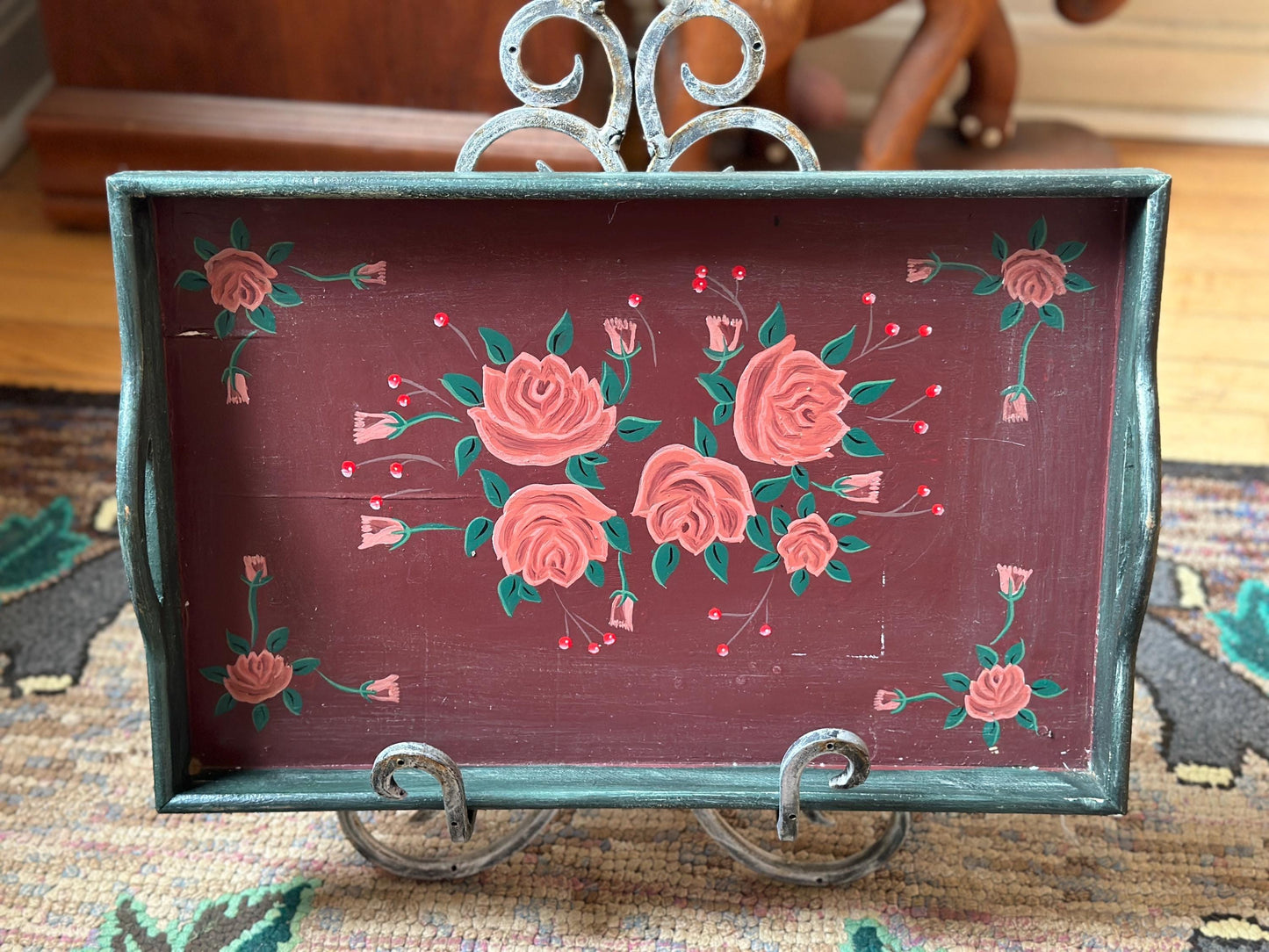Vintage Hand Painted Wooden Folk Art Handled Tray | Toleware Blue Tray with Pink Roses