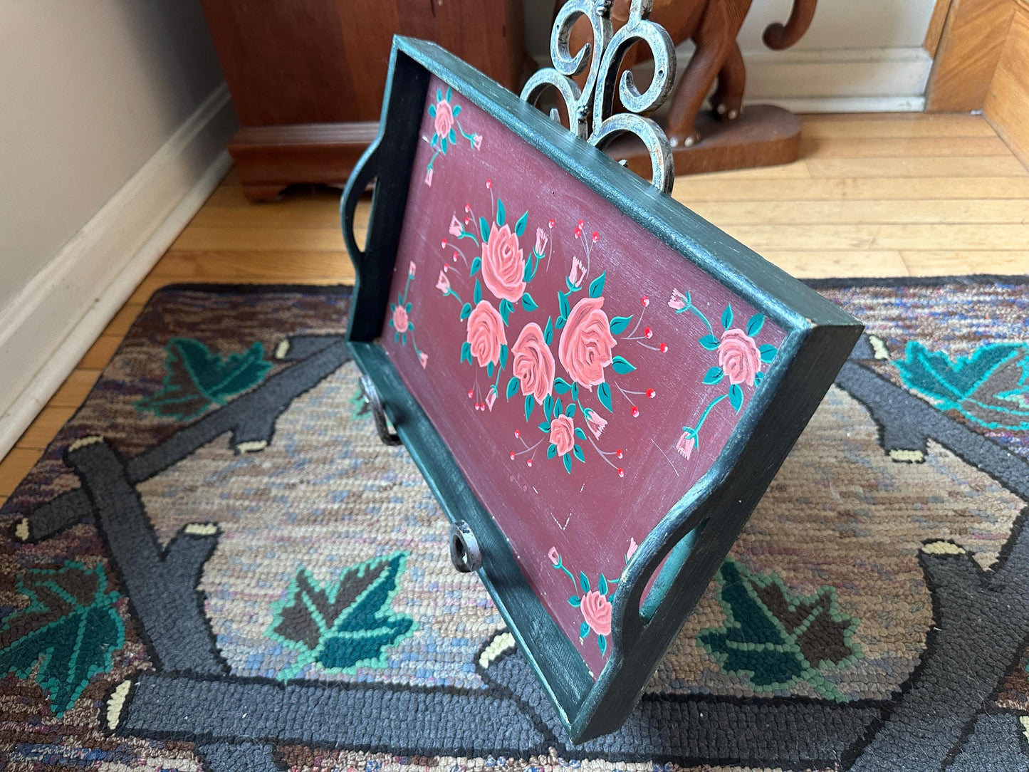 Vintage Hand Painted Wooden Folk Art Handled Tray | Toleware Blue Tray with Pink Roses