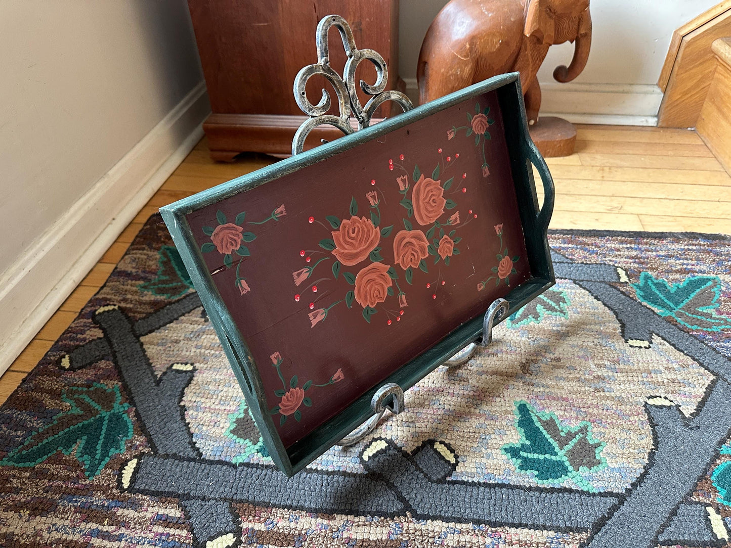 Vintage Hand Painted Wooden Folk Art Handled Tray | Toleware Blue Tray with Pink Roses