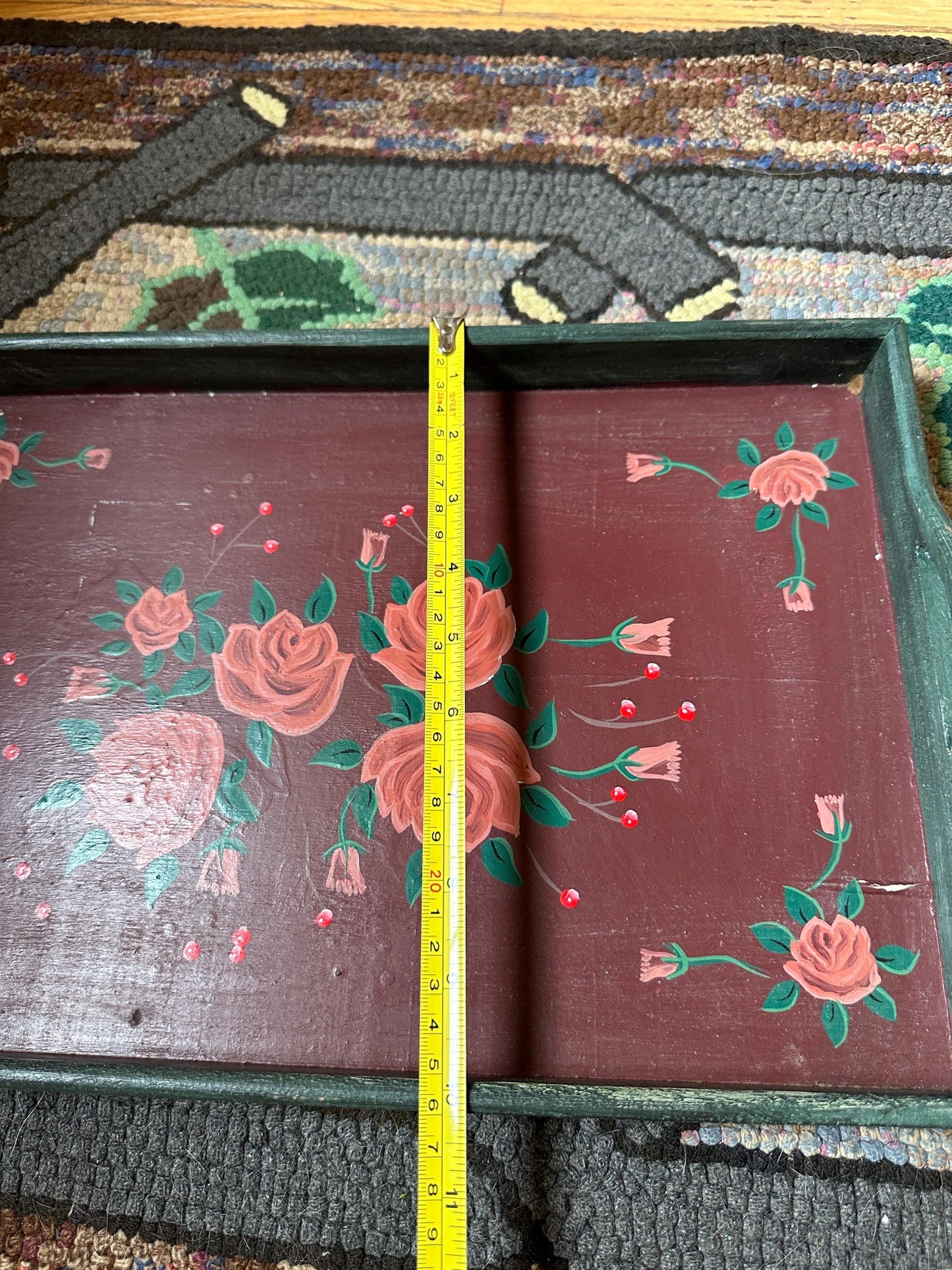 Vintage Hand Painted Wooden Folk Art Handled Tray | Toleware Blue Tray with Pink Roses