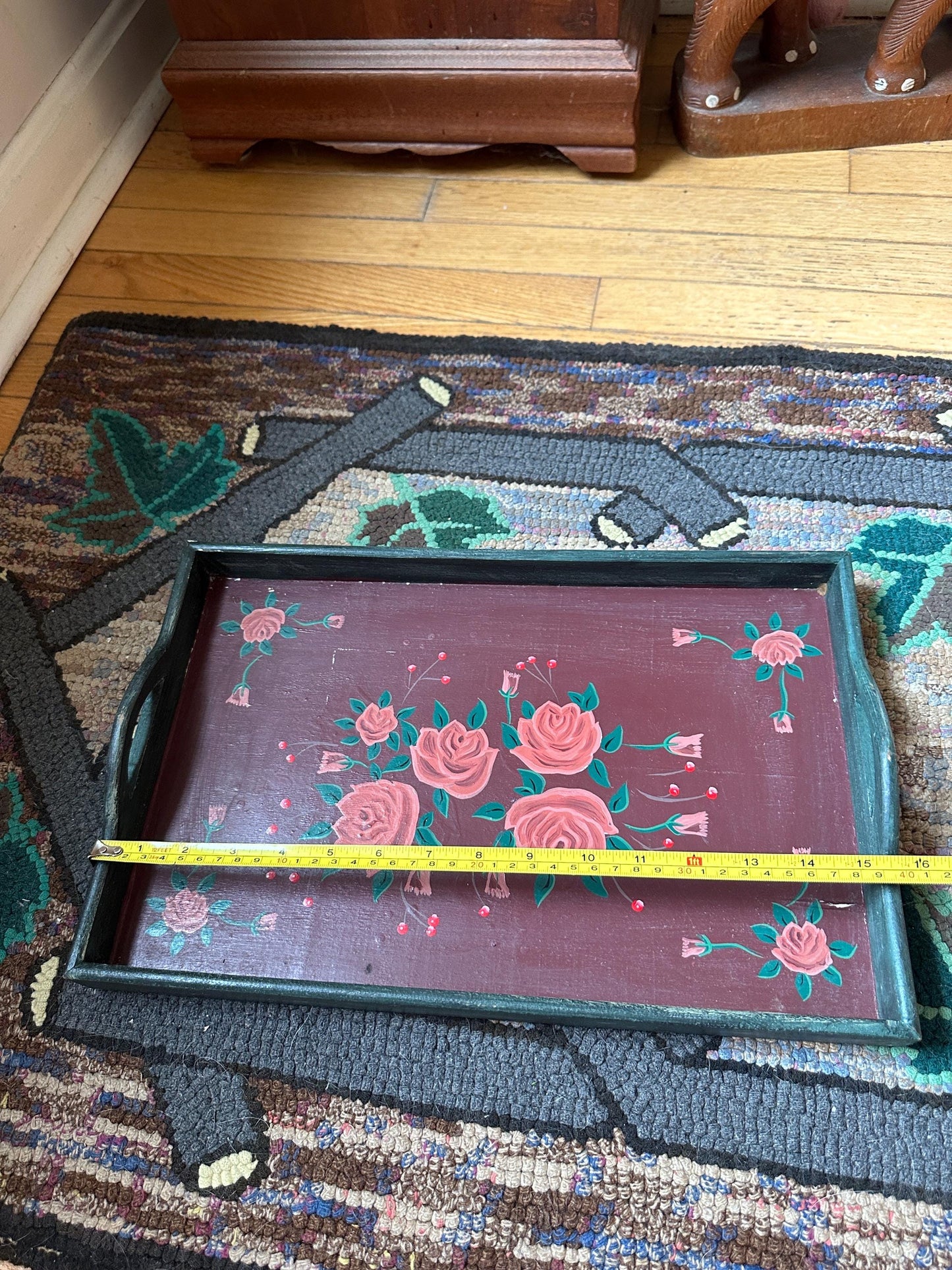 Vintage Hand Painted Wooden Folk Art Handled Tray | Toleware Blue Tray with Pink Roses