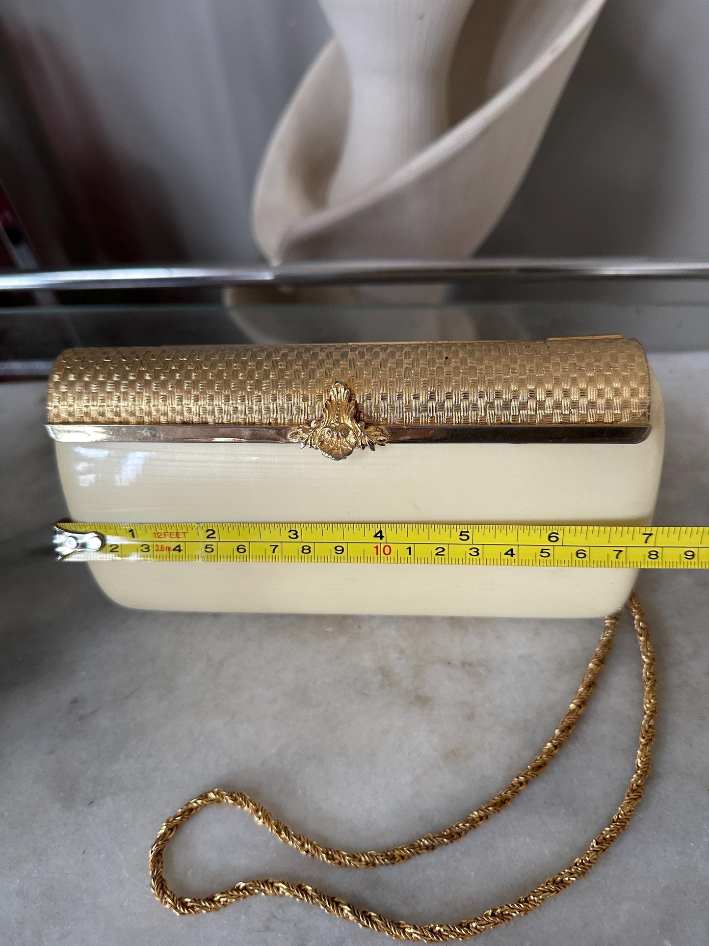 1960s Italian Lucite Purse: Beige Evening Bag with Gold Chain