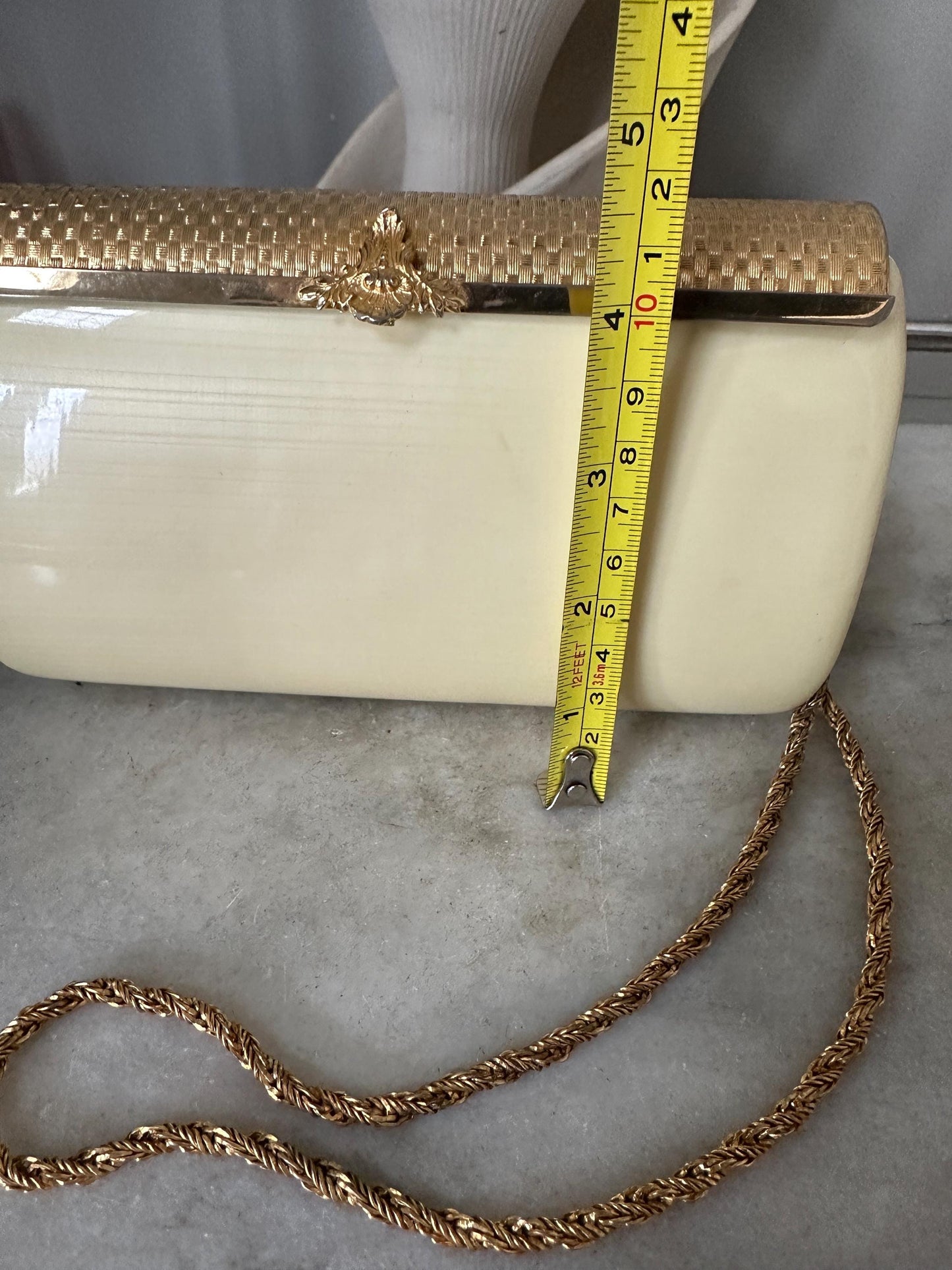 1960s Italian Lucite Purse: Beige Evening Bag with Gold Chain