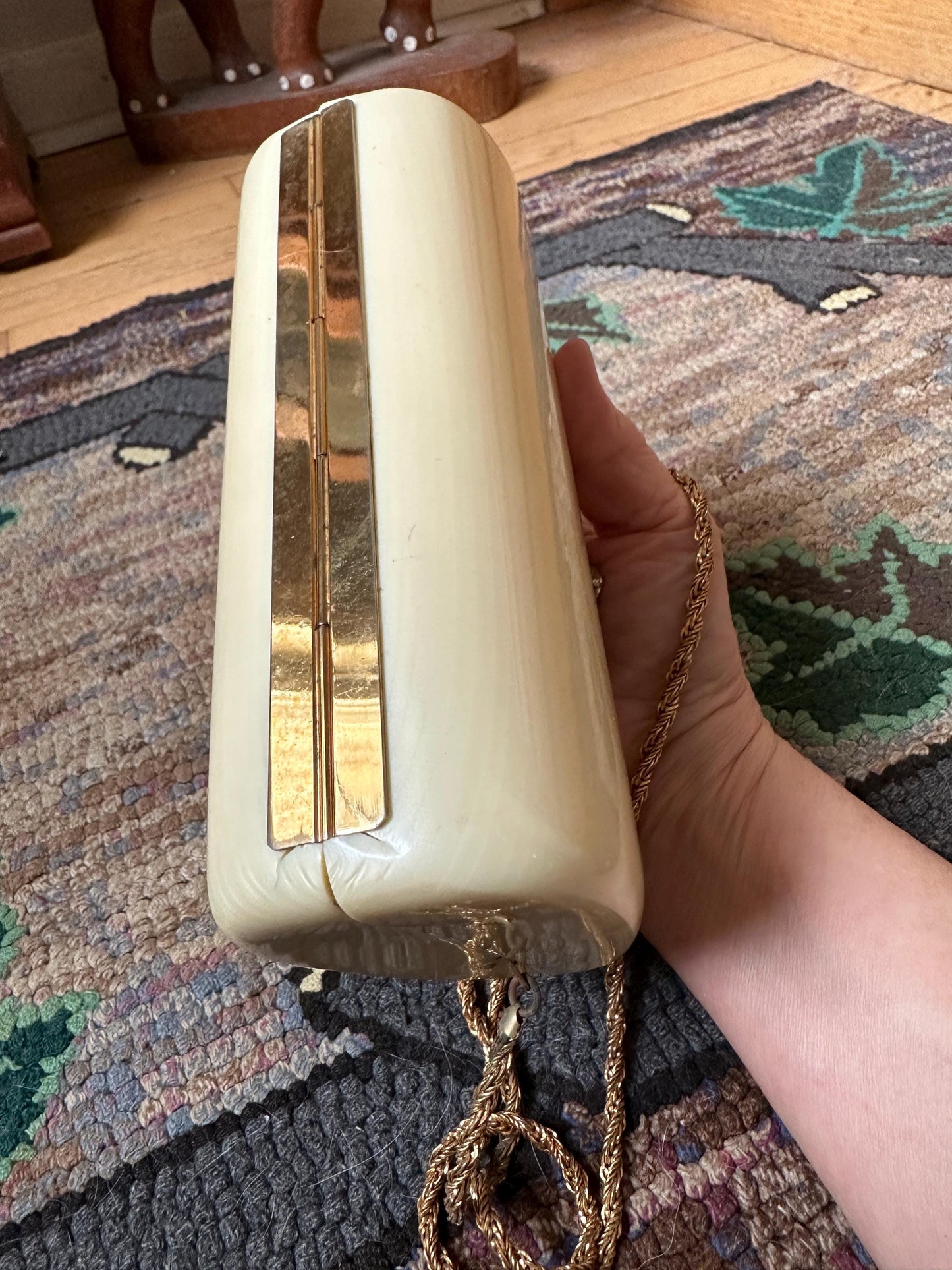 1960s Italian Lucite Purse: Beige Evening Bag with Gold Chain