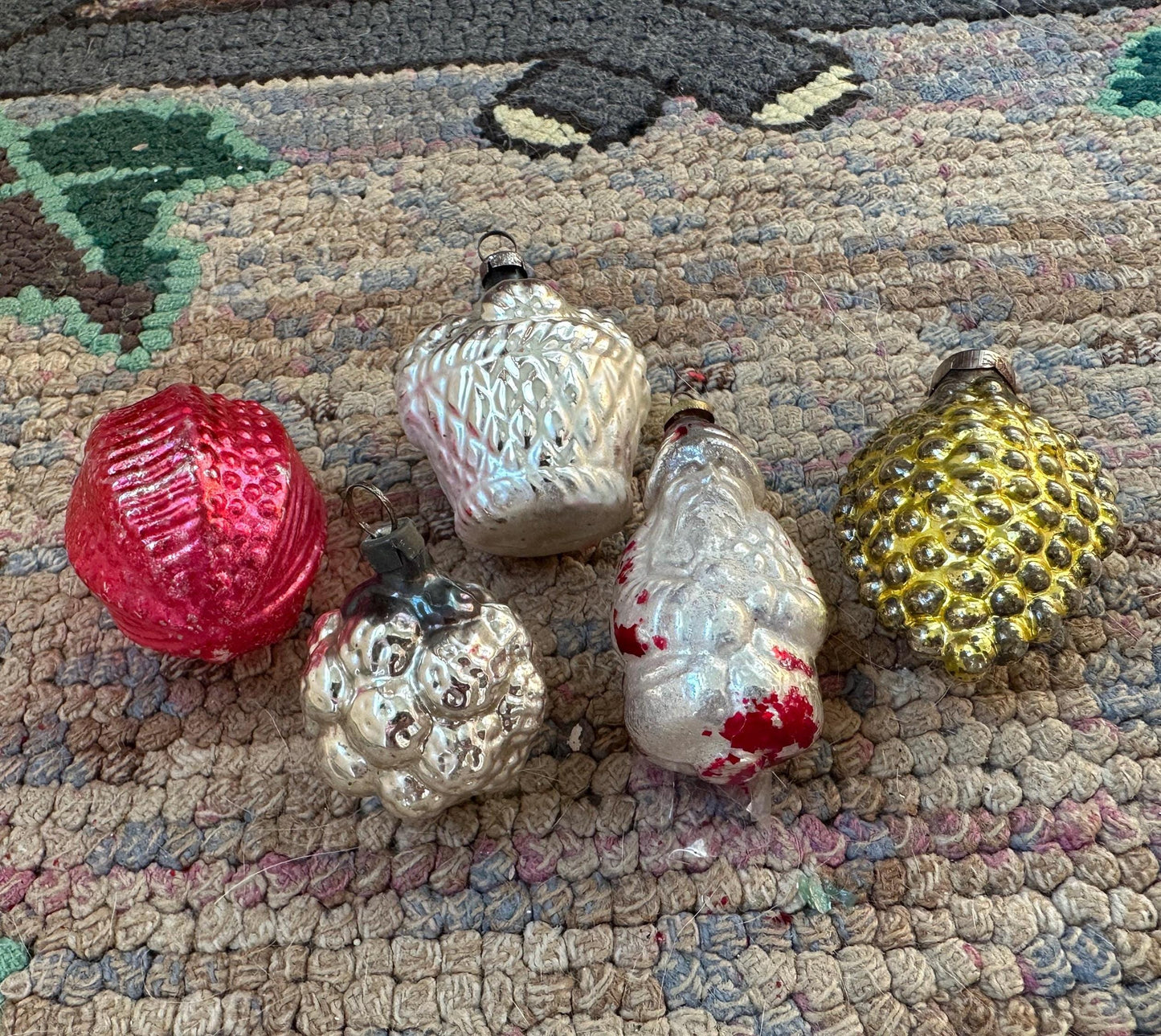 Vintage Mercury Glass Christmas Ornaments (5): Santa, Fruit, Bell, Walnut, VG condition