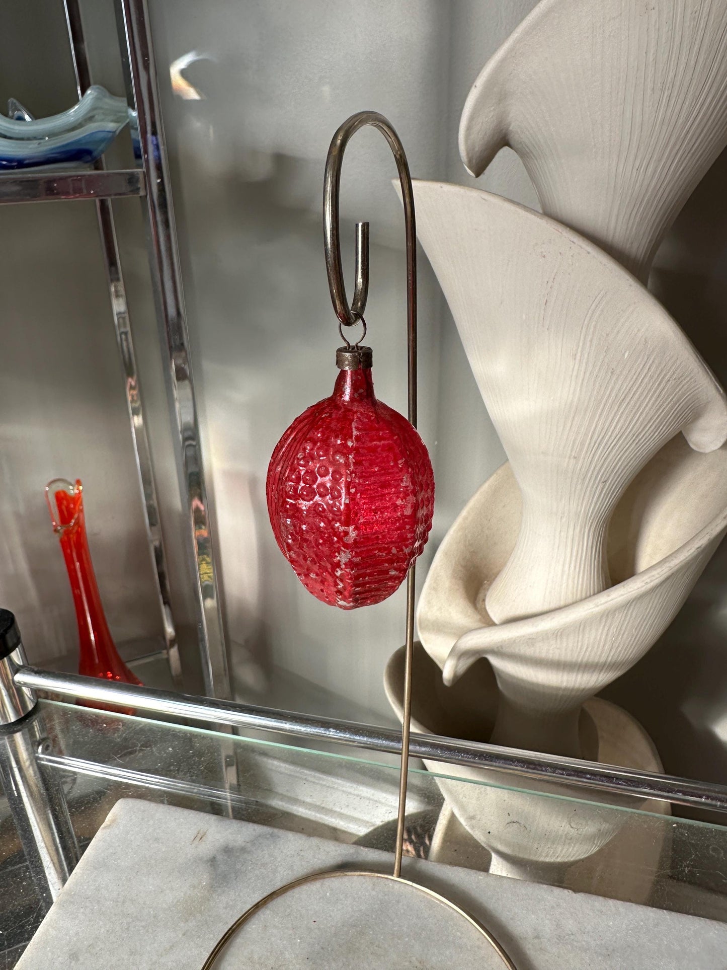 Vintage Mercury Glass Christmas Ornaments (5): Santa, Fruit, Bell, Walnut, VG condition