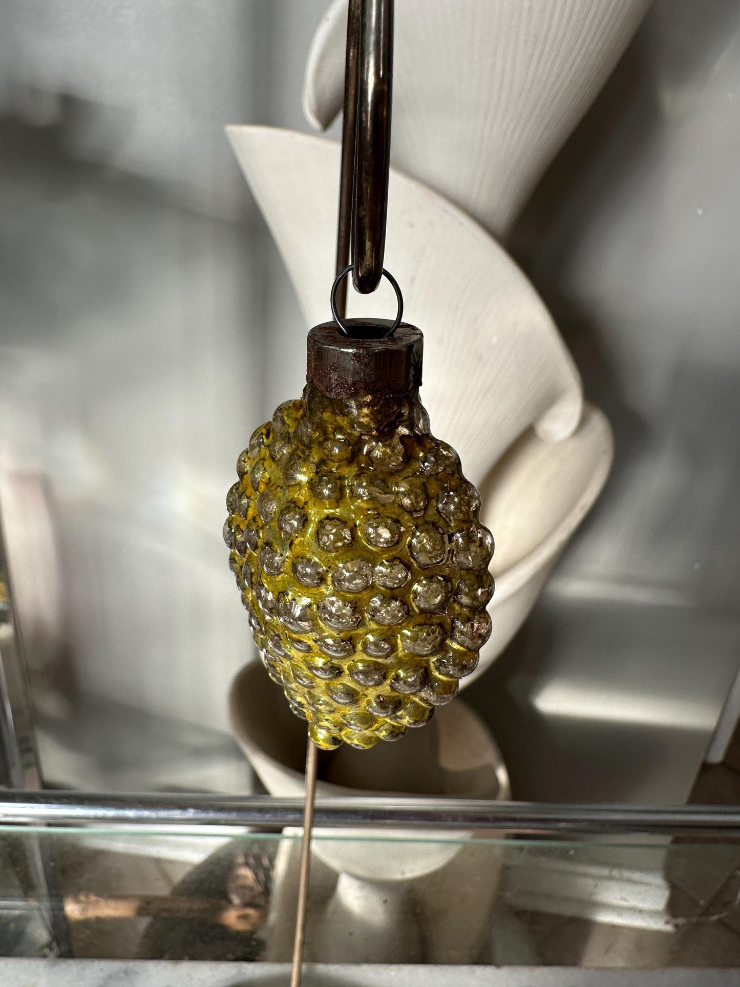 Vintage Mercury Glass Christmas Ornaments (5): Santa, Fruit, Bell, Walnut, VG condition