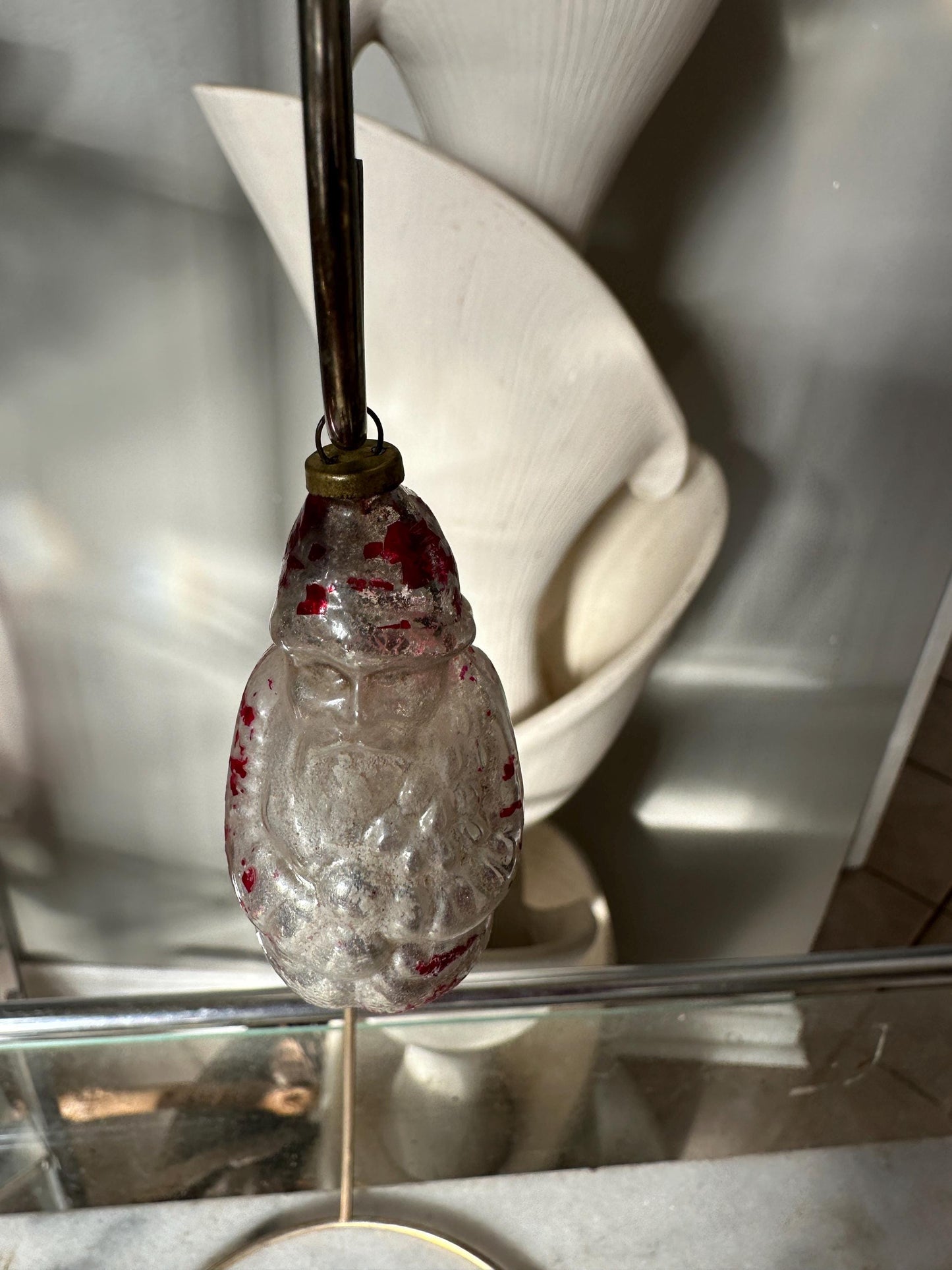 Vintage Mercury Glass Christmas Ornaments (5): Santa, Fruit, Bell, Walnut, VG condition