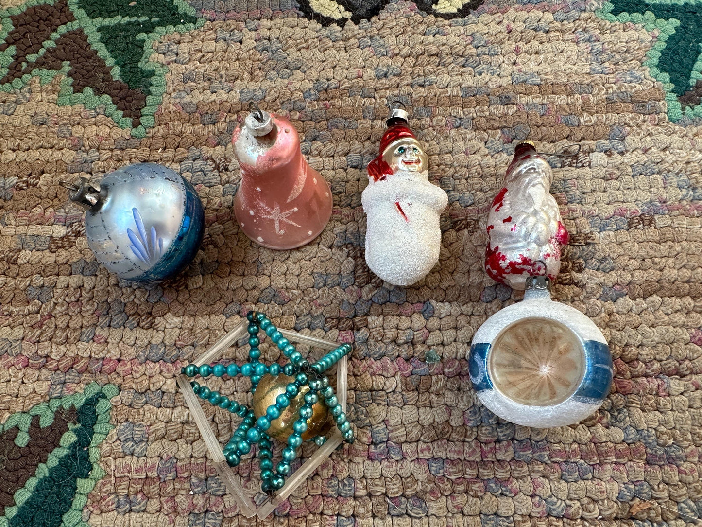 Vintage Mercury Glass Christmas Ornaments: Santa, Snowman, Bell (Set of 6), VG condition