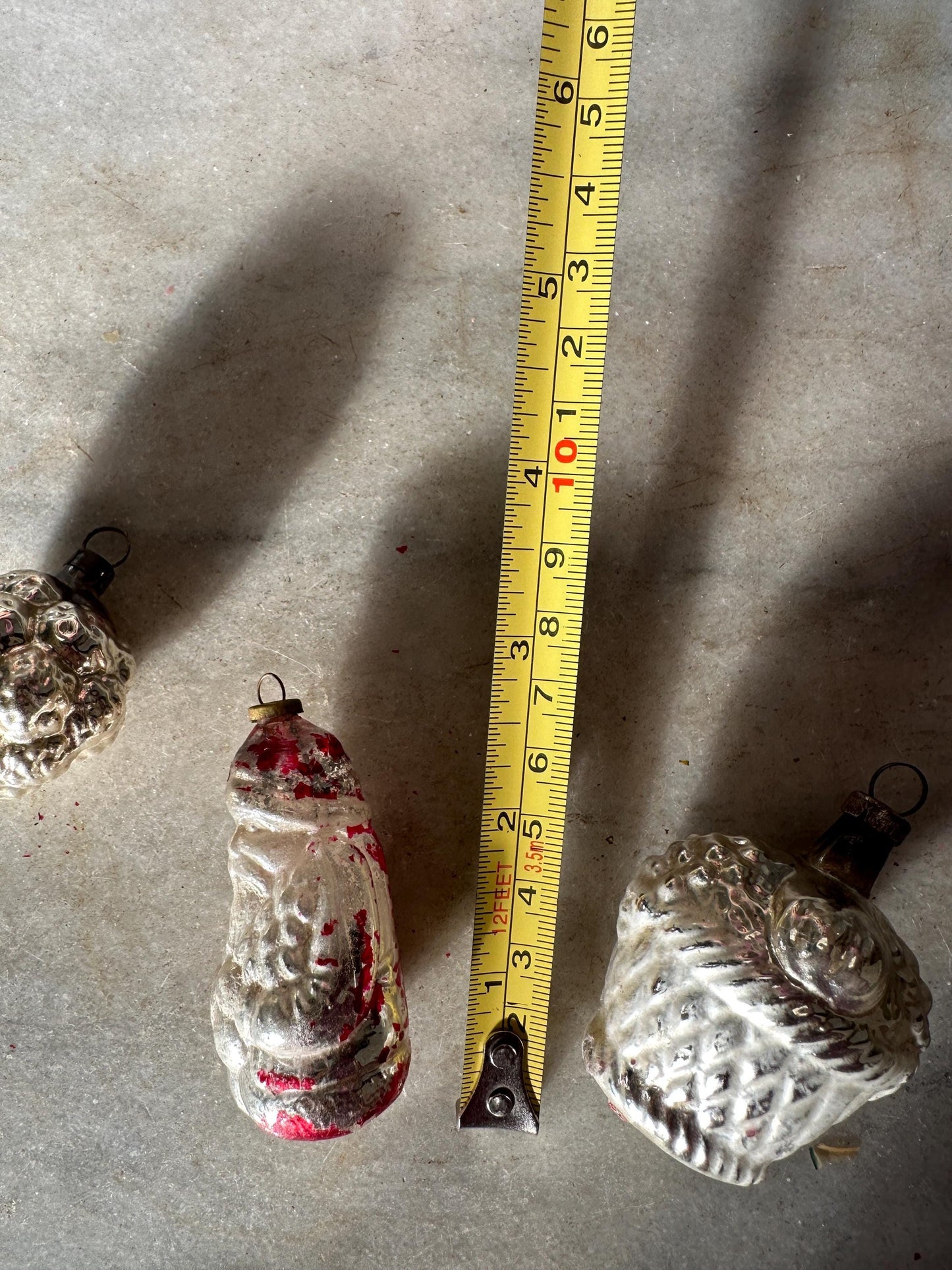 Vintage Mercury Glass Christmas Ornaments (5): Santa, Fruit, Bell, Walnut, VG condition