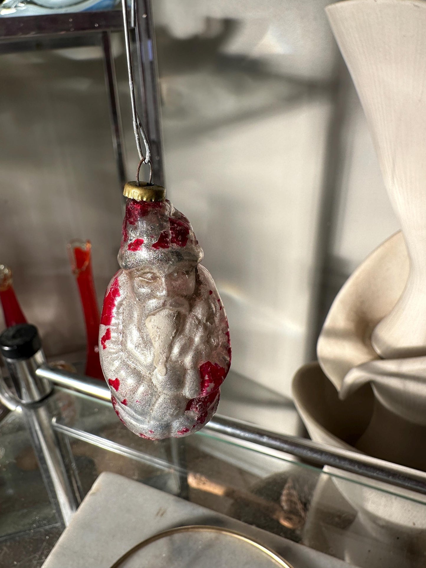 Vintage Mercury Glass Christmas Ornaments: Santa, Snowman, Bell (Set of 6), VG condition